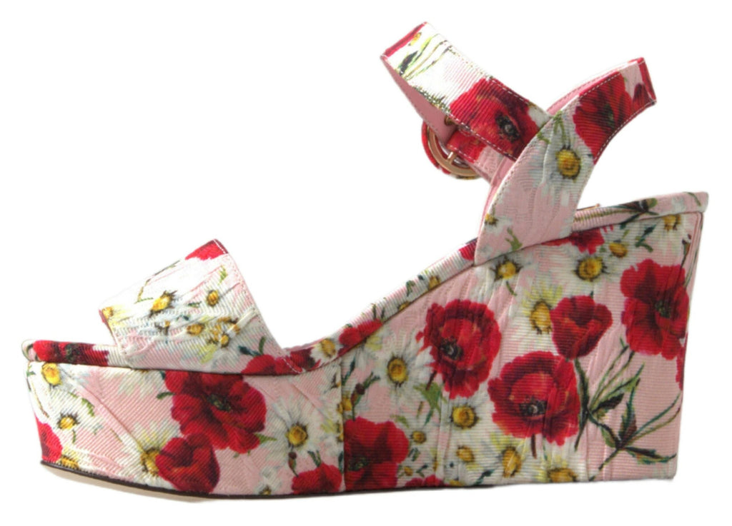 Keilabsatzsandalen mit mehrfarbigem Blumenprint und Knöchelriemen