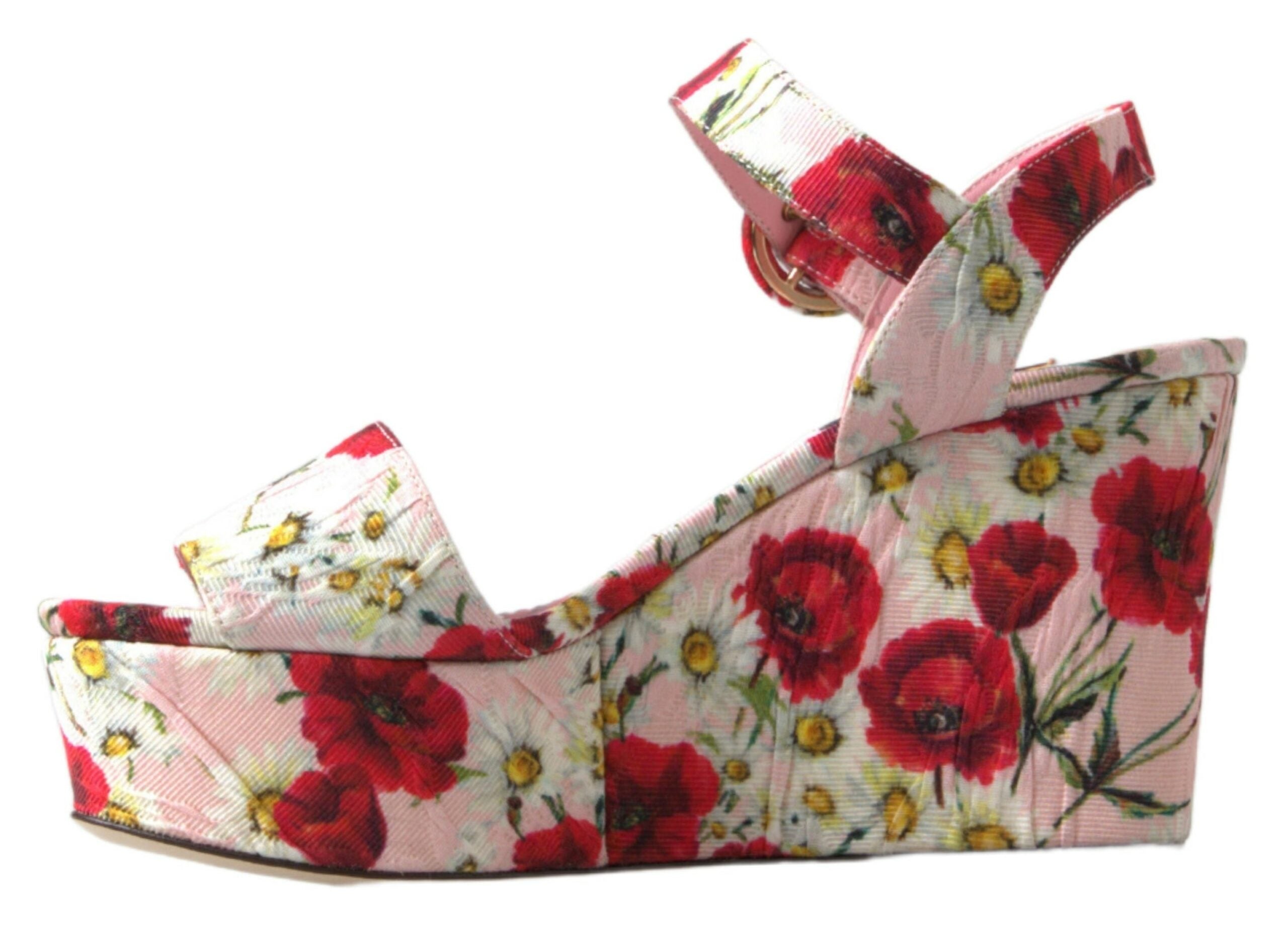 Keilabsatzsandalen mit mehrfarbigem Blumenprint und Knöchelriemen