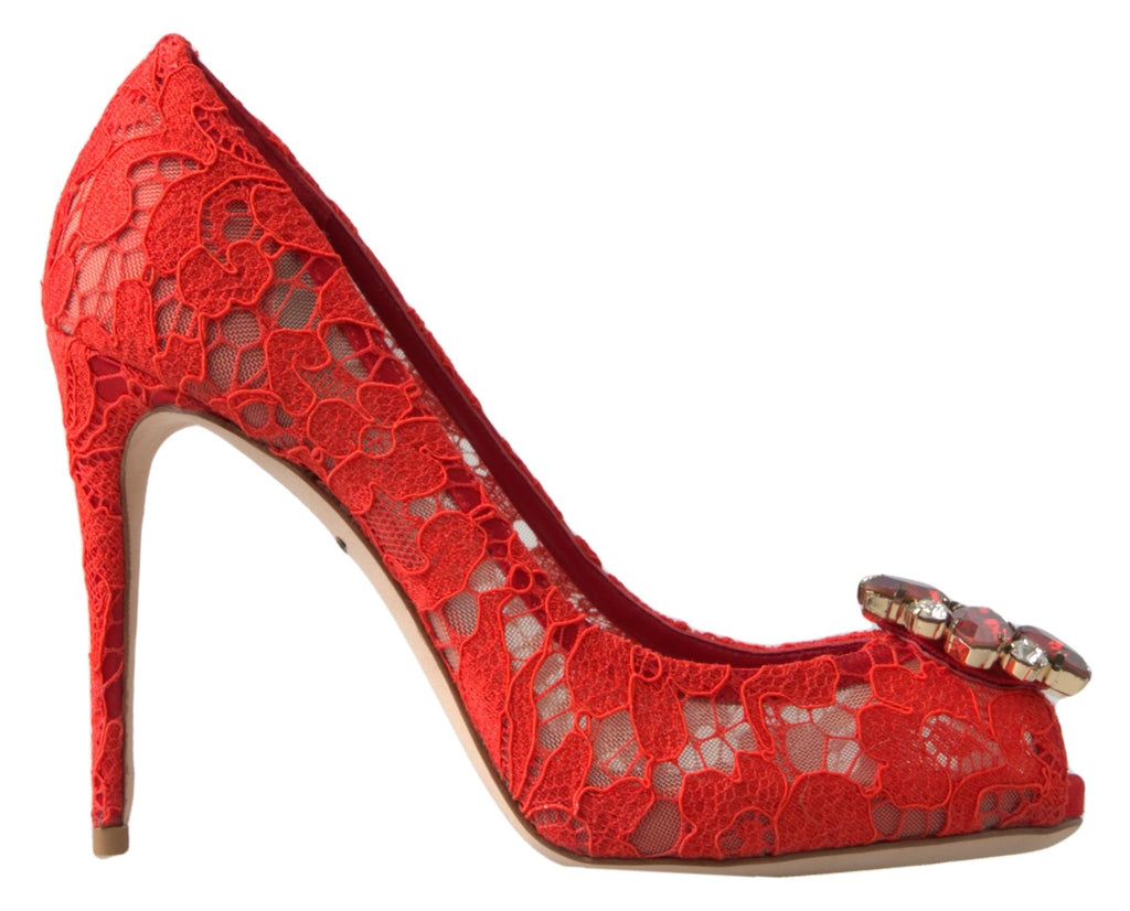 Rote Taormina-Spitzenpumps mit Kristallen