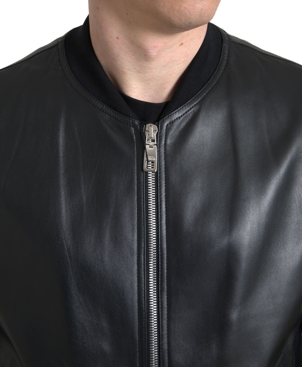 Schwarze Herren-Bomberjacke aus Leder mit durchgehendem Reißverschluss