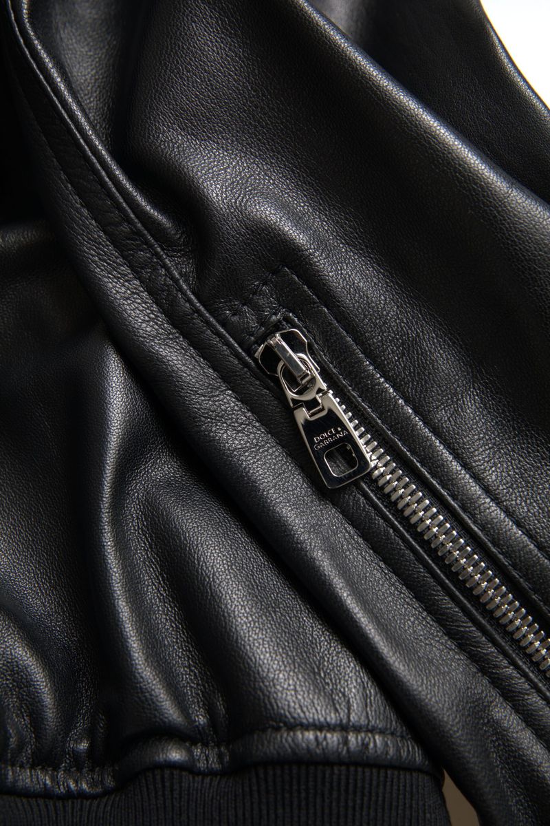 Schwarze Herren-Bomberjacke aus Leder mit durchgehendem Reißverschluss