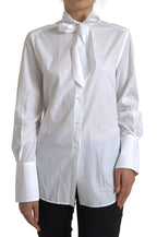 White Cotton Ascot Collar Long Sleeves Top