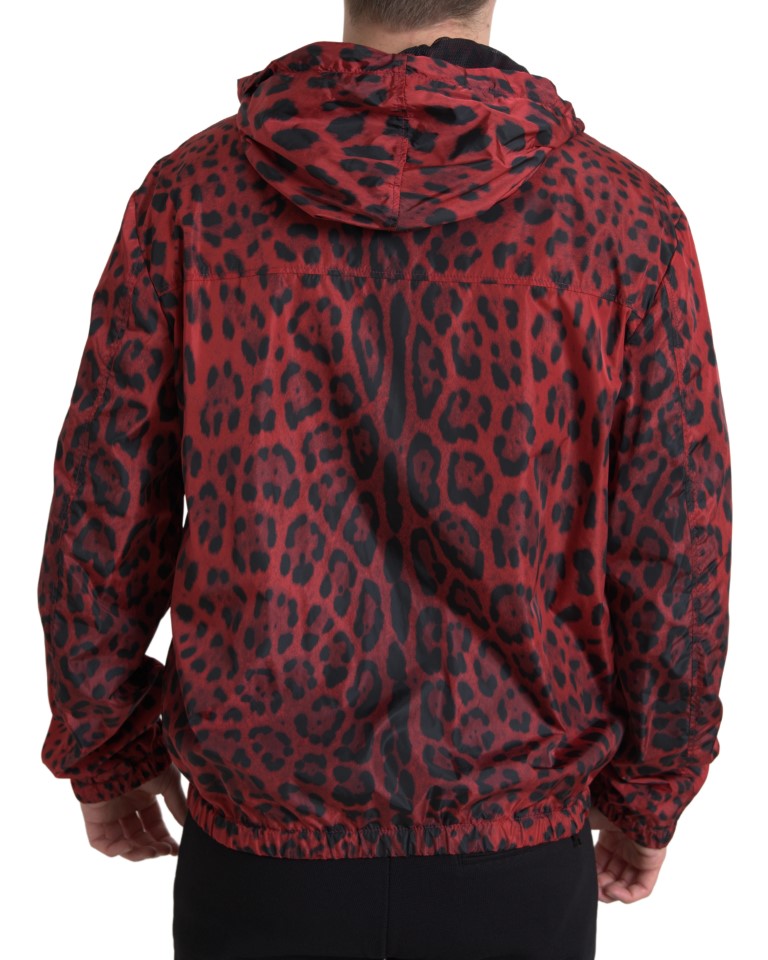 Rote Kapuzenbomberjacke mit durchgehendem Reißverschluss „Leopard“