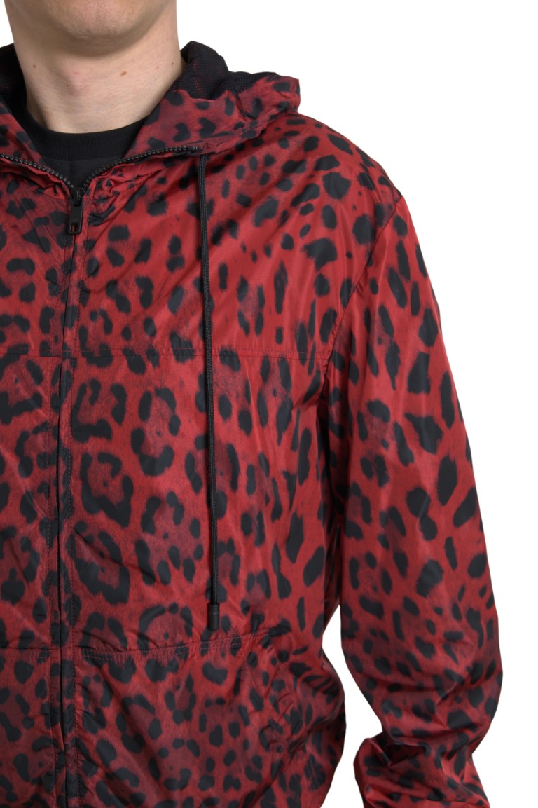 Rote Kapuzenbomberjacke mit durchgehendem Reißverschluss „Leopard“