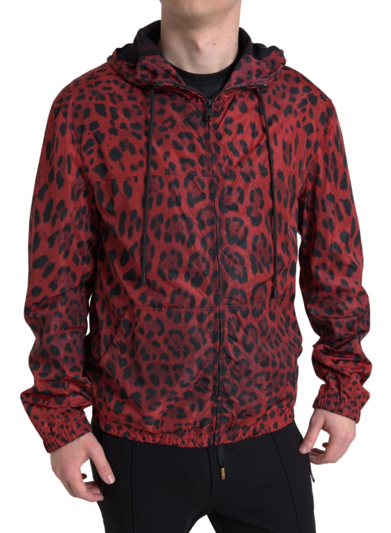 Rote Kapuzenbomberjacke mit durchgehendem Reißverschluss „Leopard“