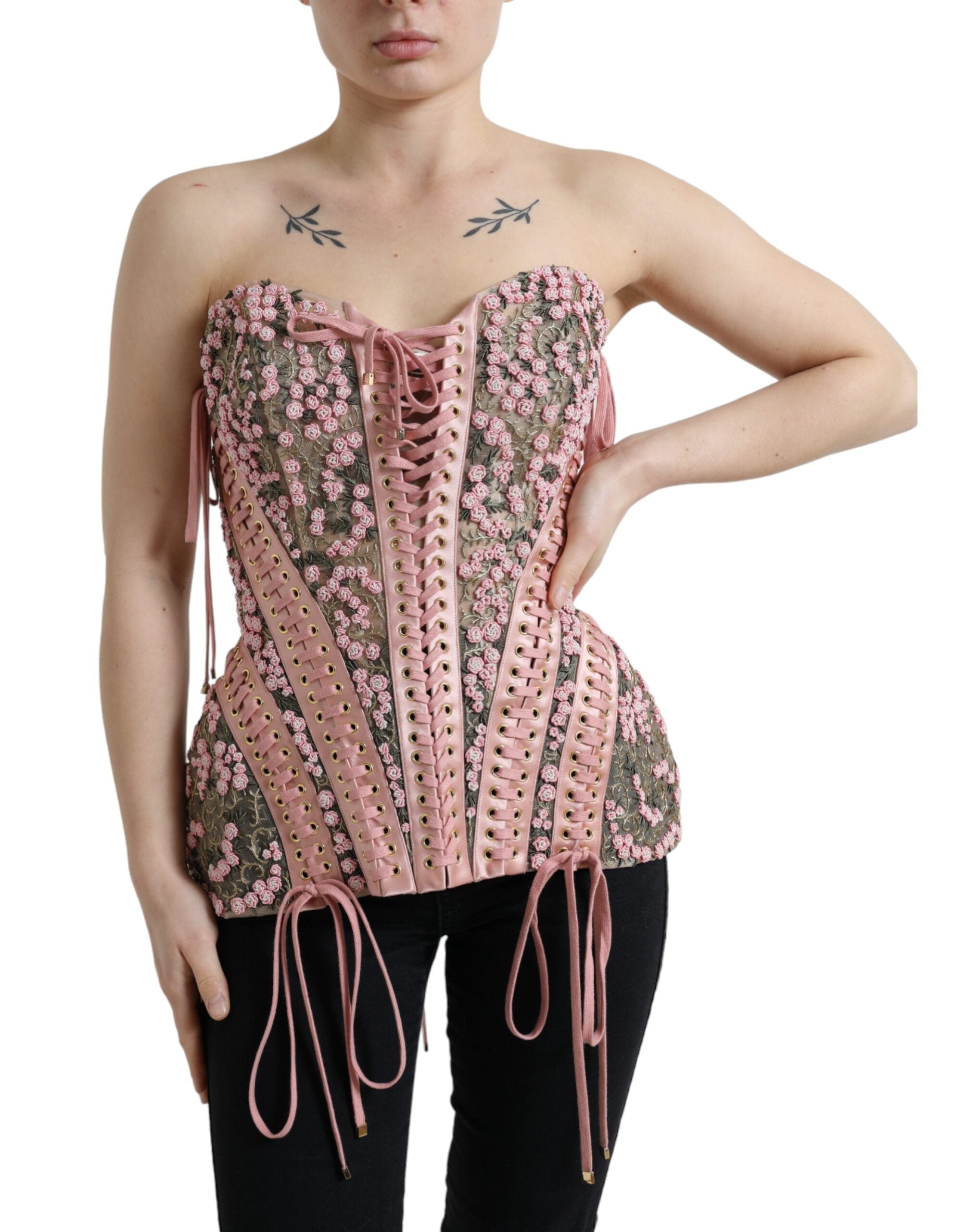 Rosafarbenes, floral appliziertes Bustier-Korsett-Oberteil