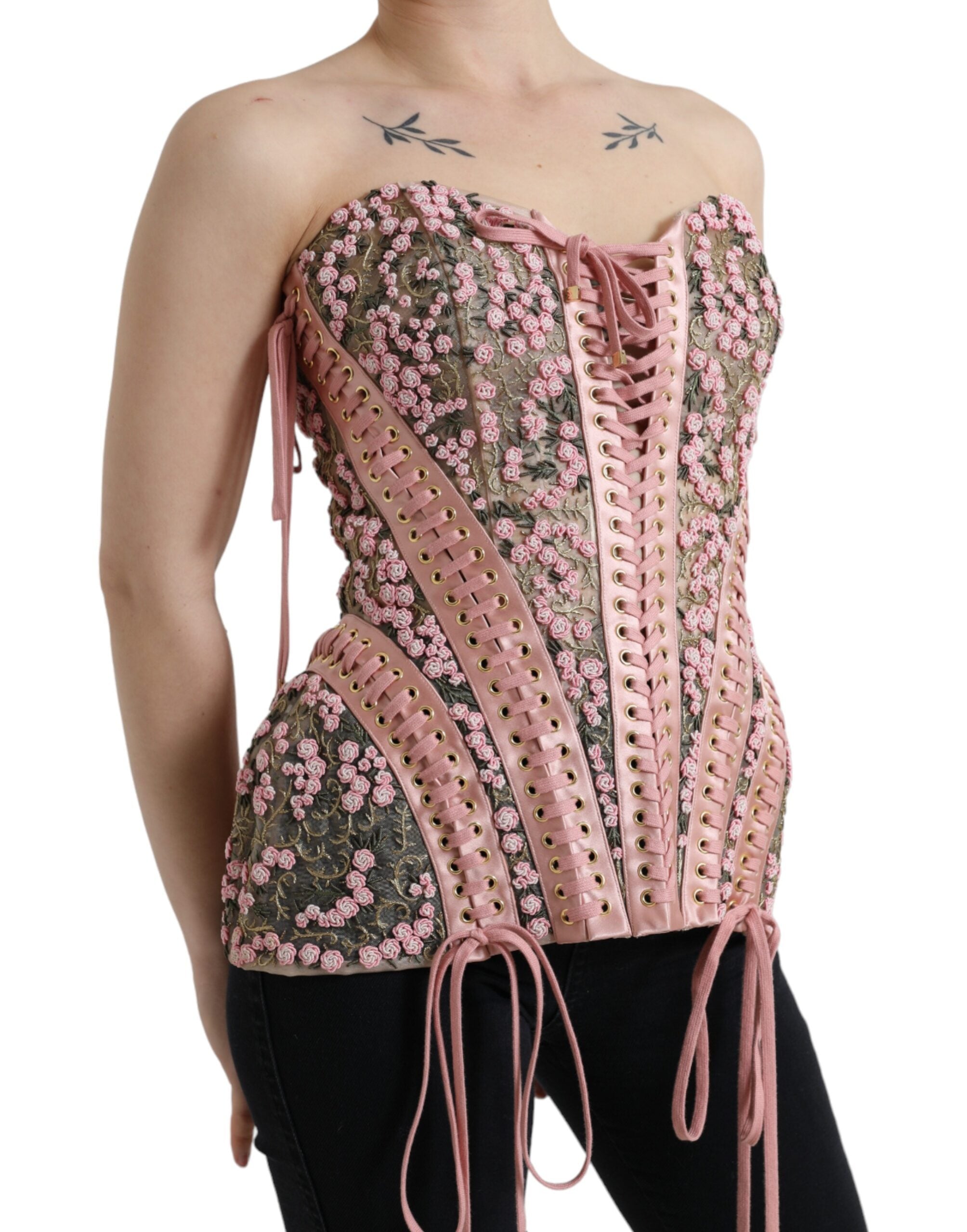 Rosafarbenes, floral appliziertes Bustier-Korsett-Oberteil