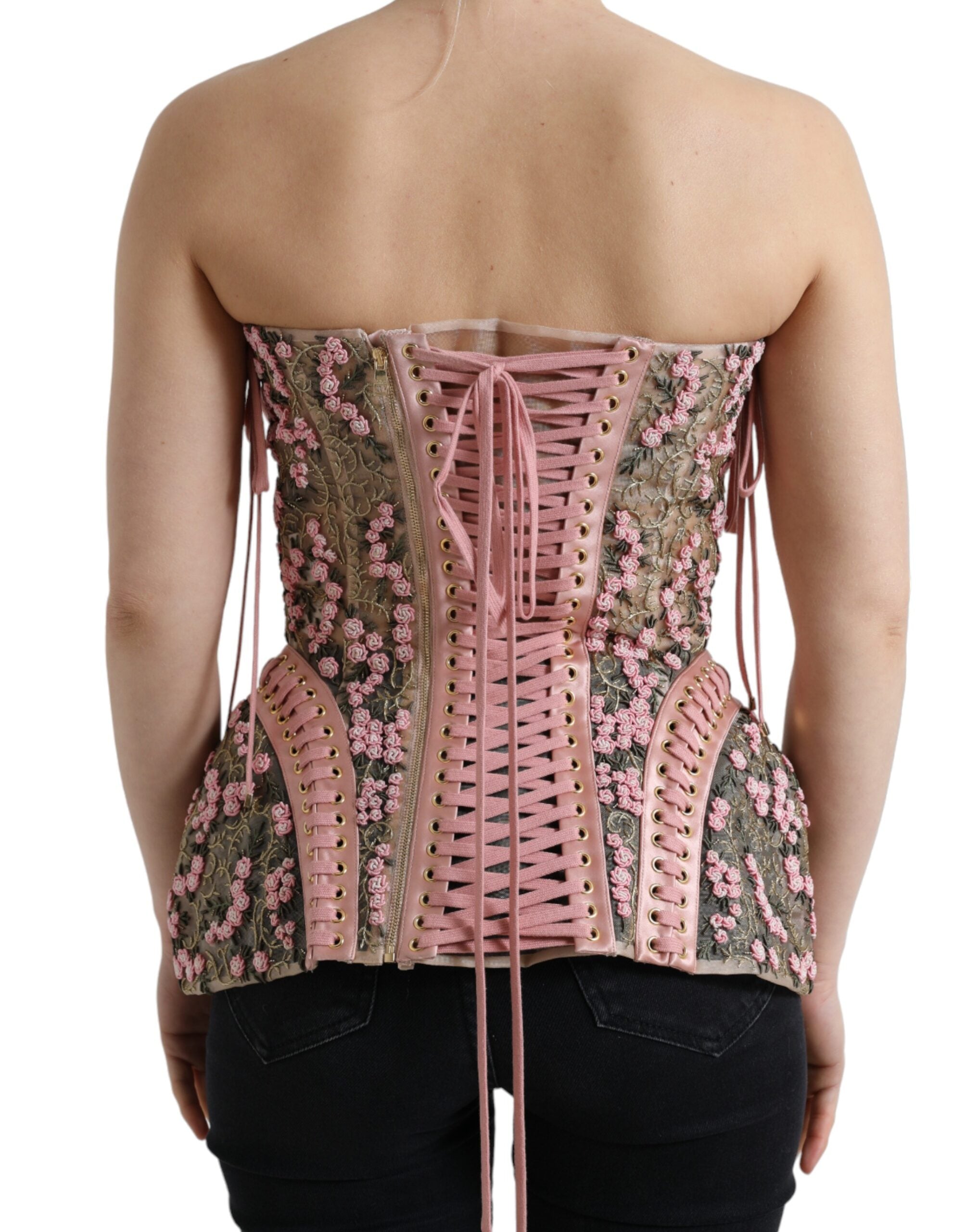 Rosafarbenes, floral appliziertes Bustier-Korsett-Oberteil