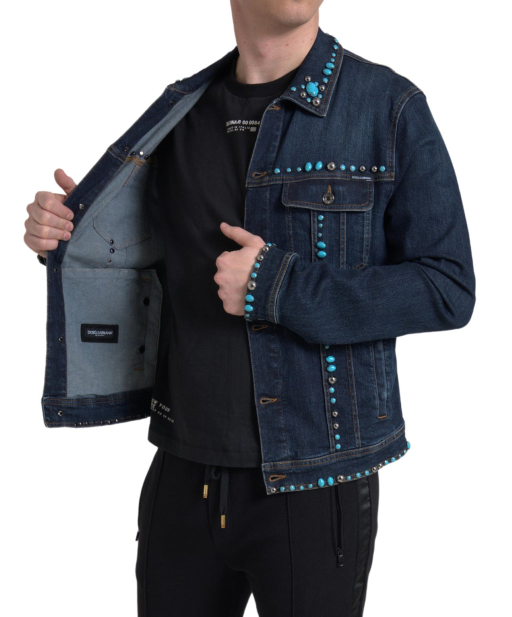 Blue Denim Jacke mit Türkisfarbenen Nietensteinen
