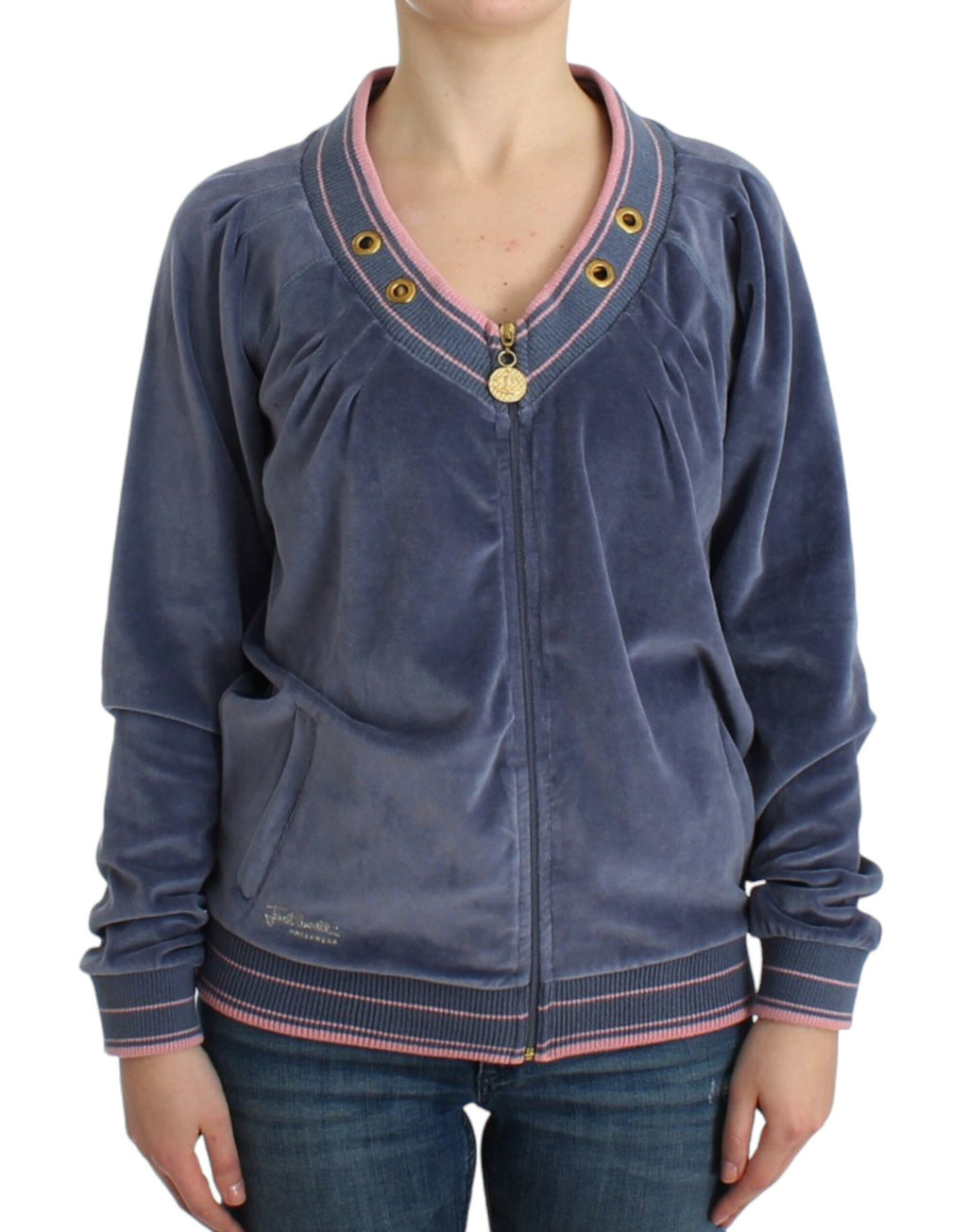 Blauer Samt-Reißverschluss-Pullover