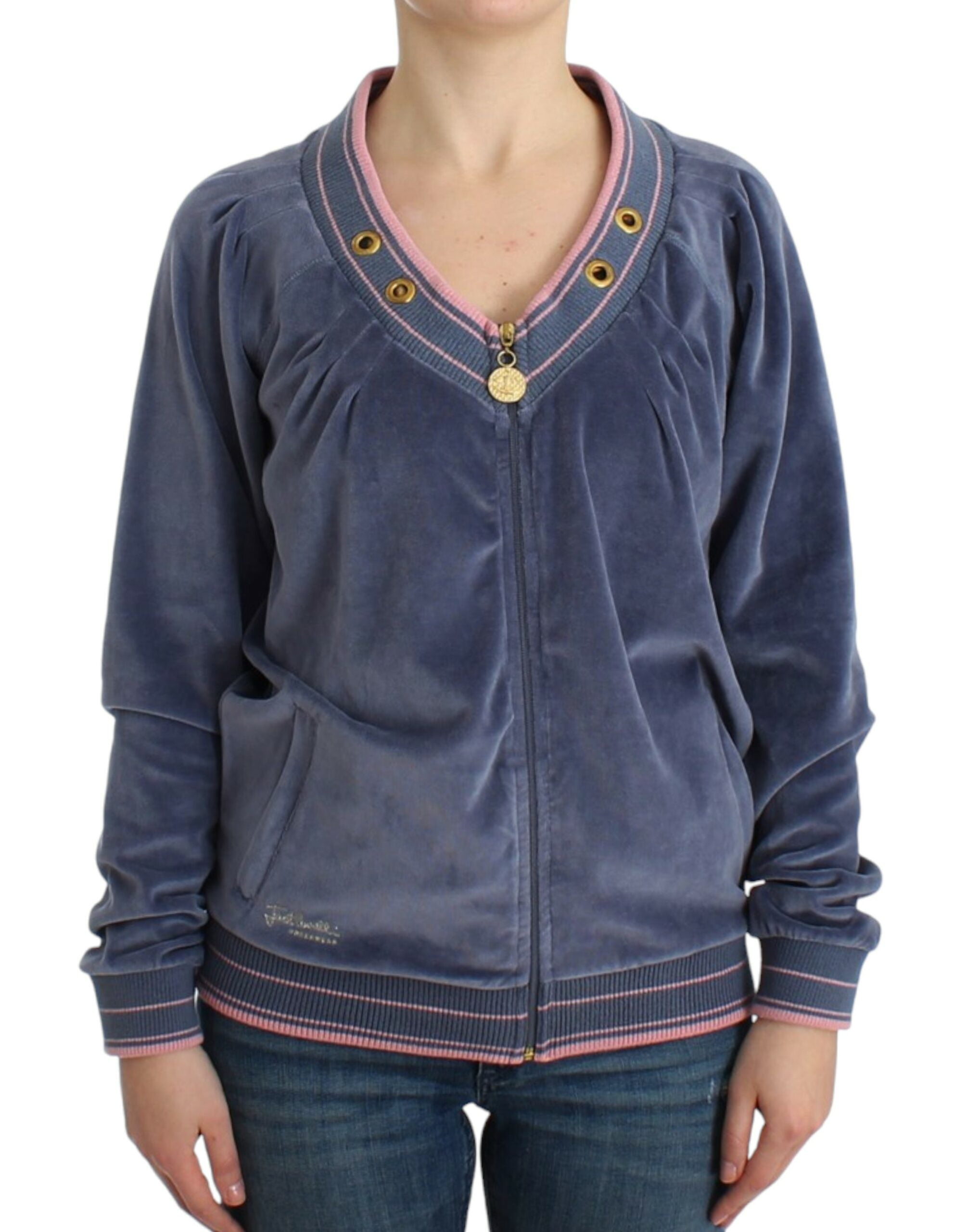 Blauer Samt-Reißverschluss-Pullover