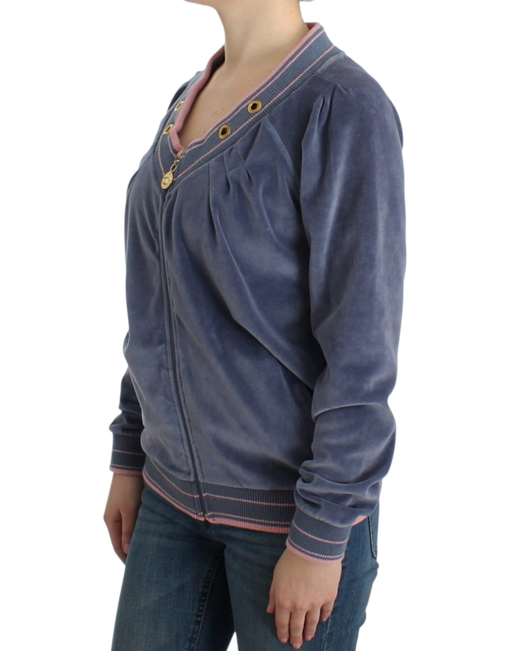 Blauer Samt-Reißverschluss-Pullover