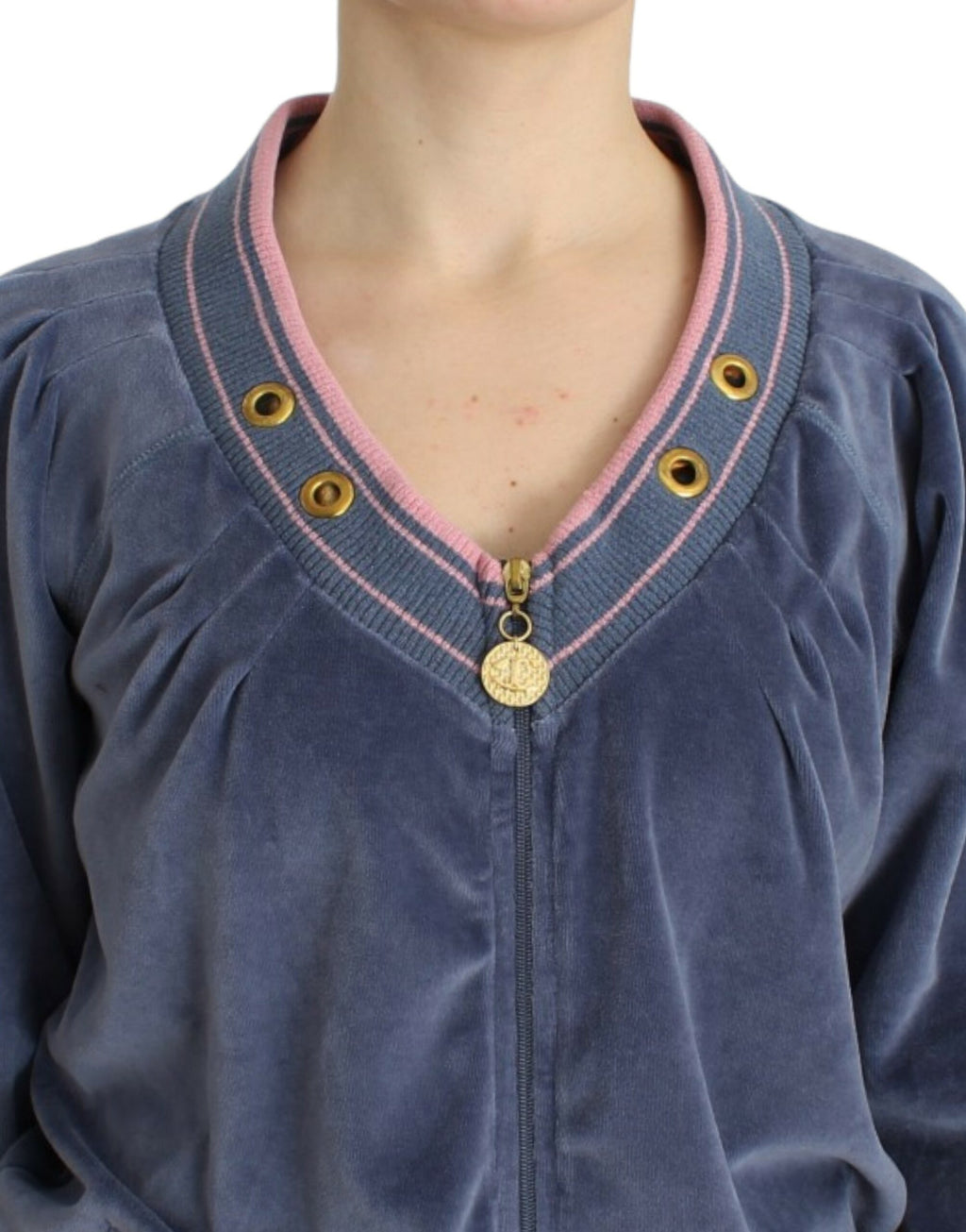 Blauer Samt-Reißverschluss-Pullover