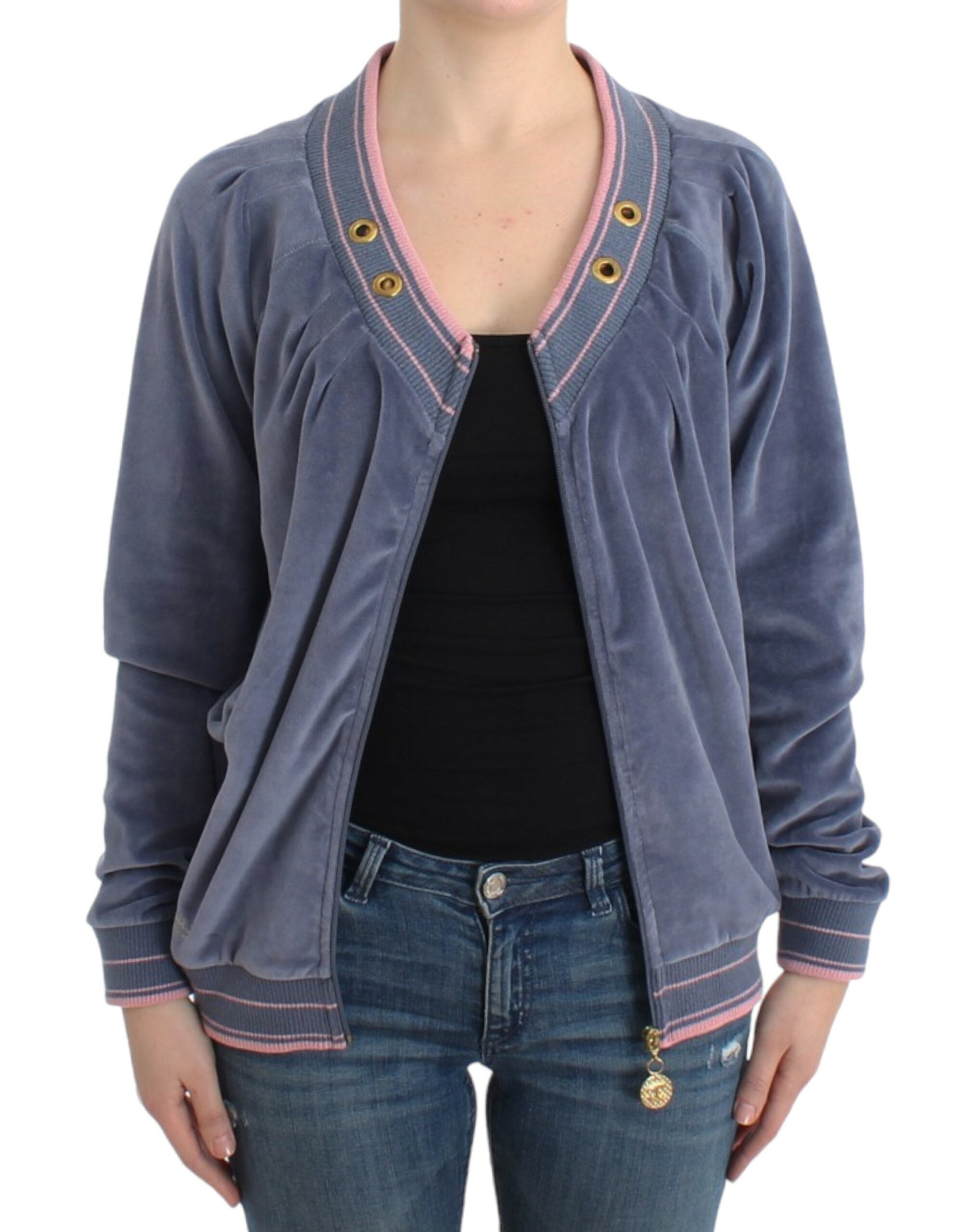 Blauer Samt-Reißverschluss-Pullover