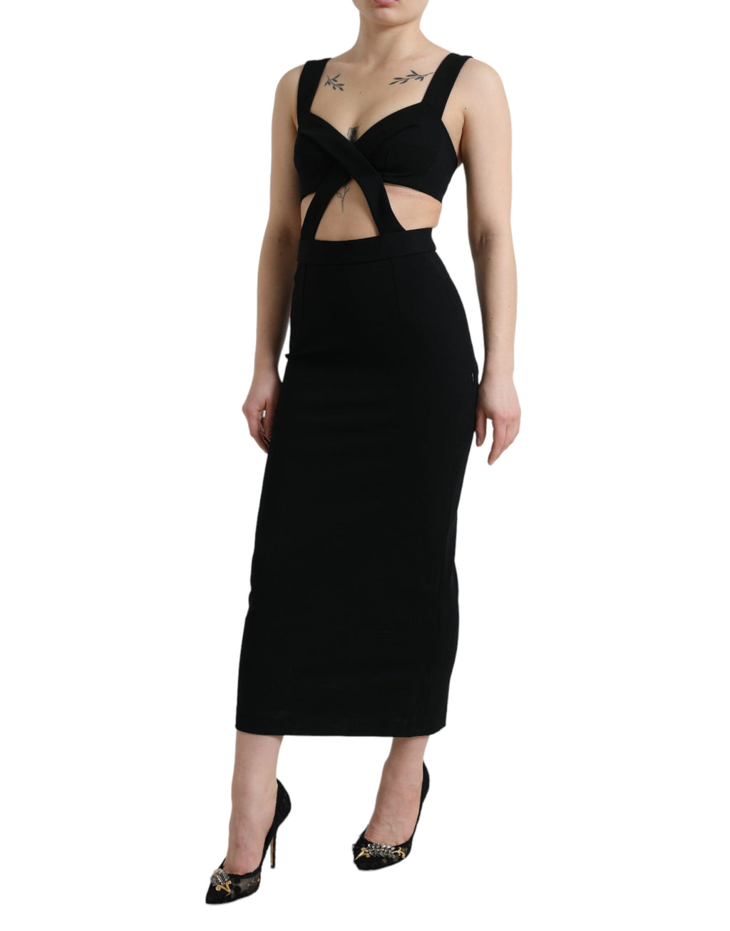 Schwarzes, ärmelloses, ausgeschnittenes Bodycon-Midikleid