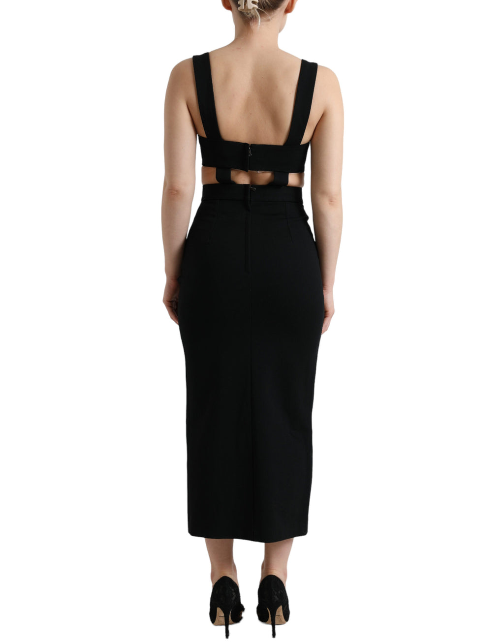 Schwarzes, ärmelloses, ausgeschnittenes Bodycon-Midikleid