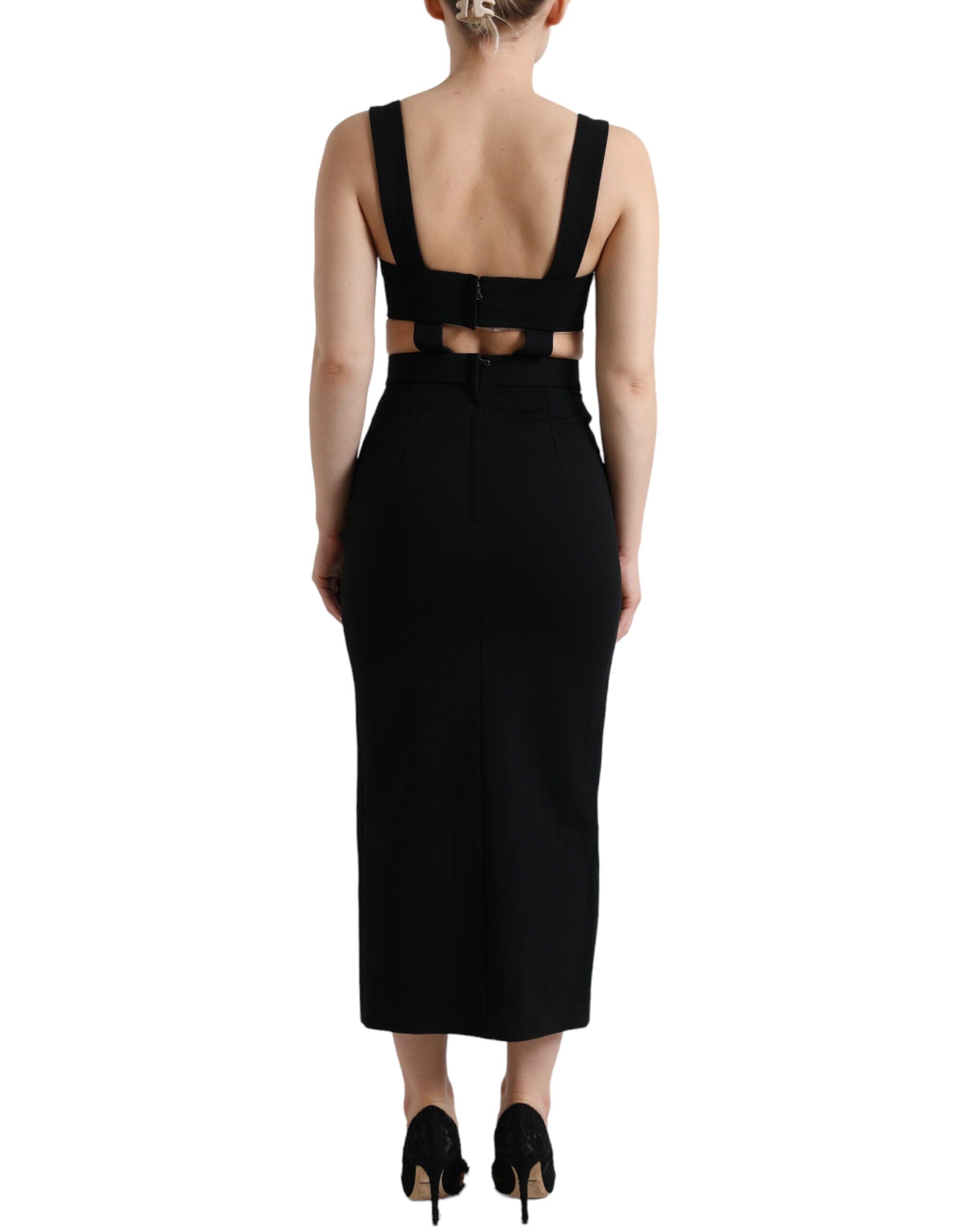 Schwarzes, ärmelloses, ausgeschnittenes Bodycon-Midikleid