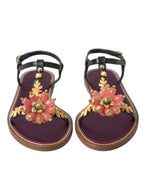 Black Crystal Gold Sandals Leather Shoes