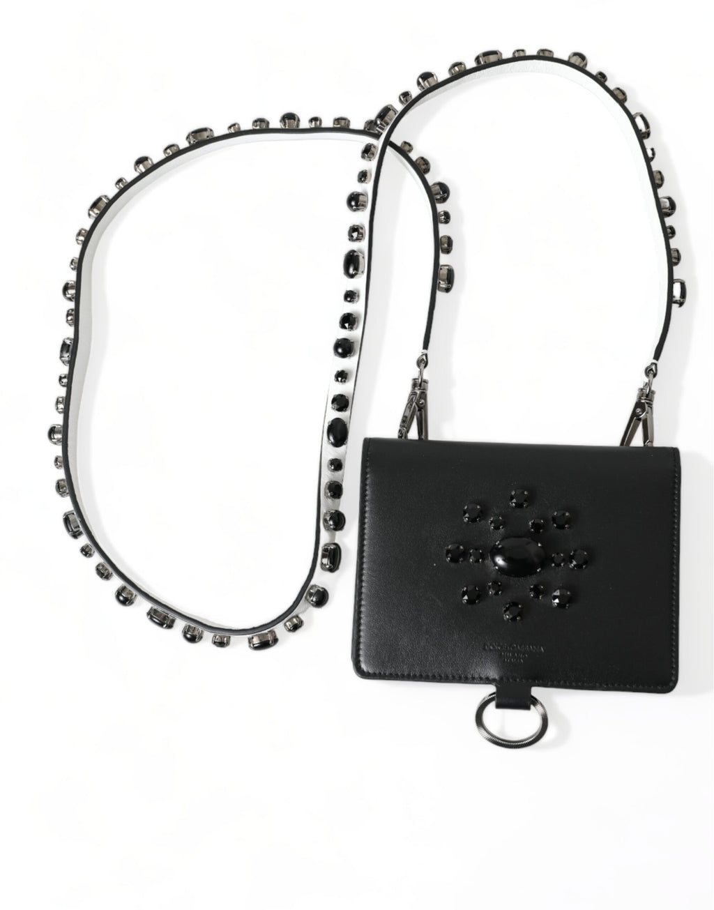 Kartenetui aus schwarzem Leder mit Kristallverzierung