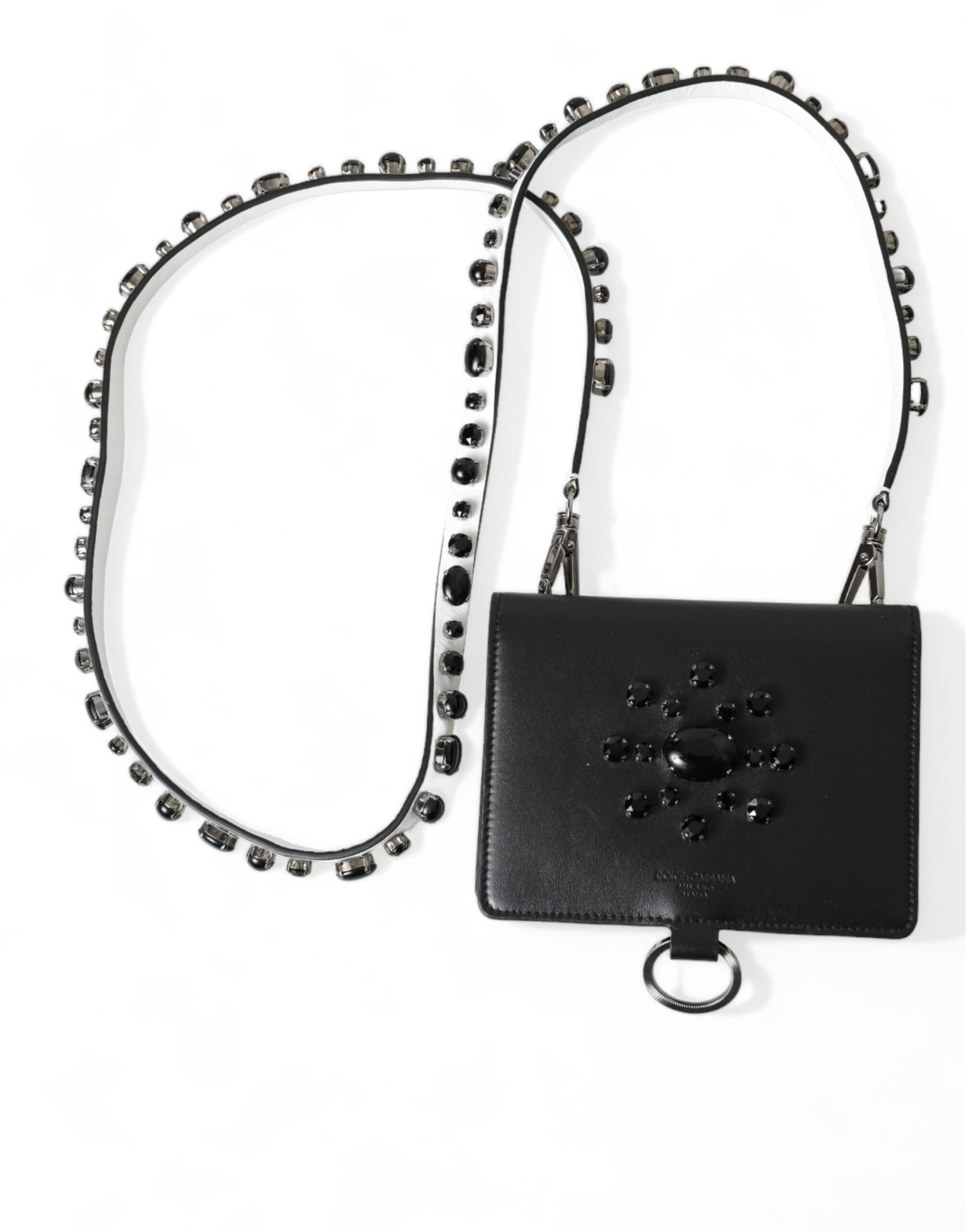 Kartenetui aus schwarzem Leder mit Kristallverzierung