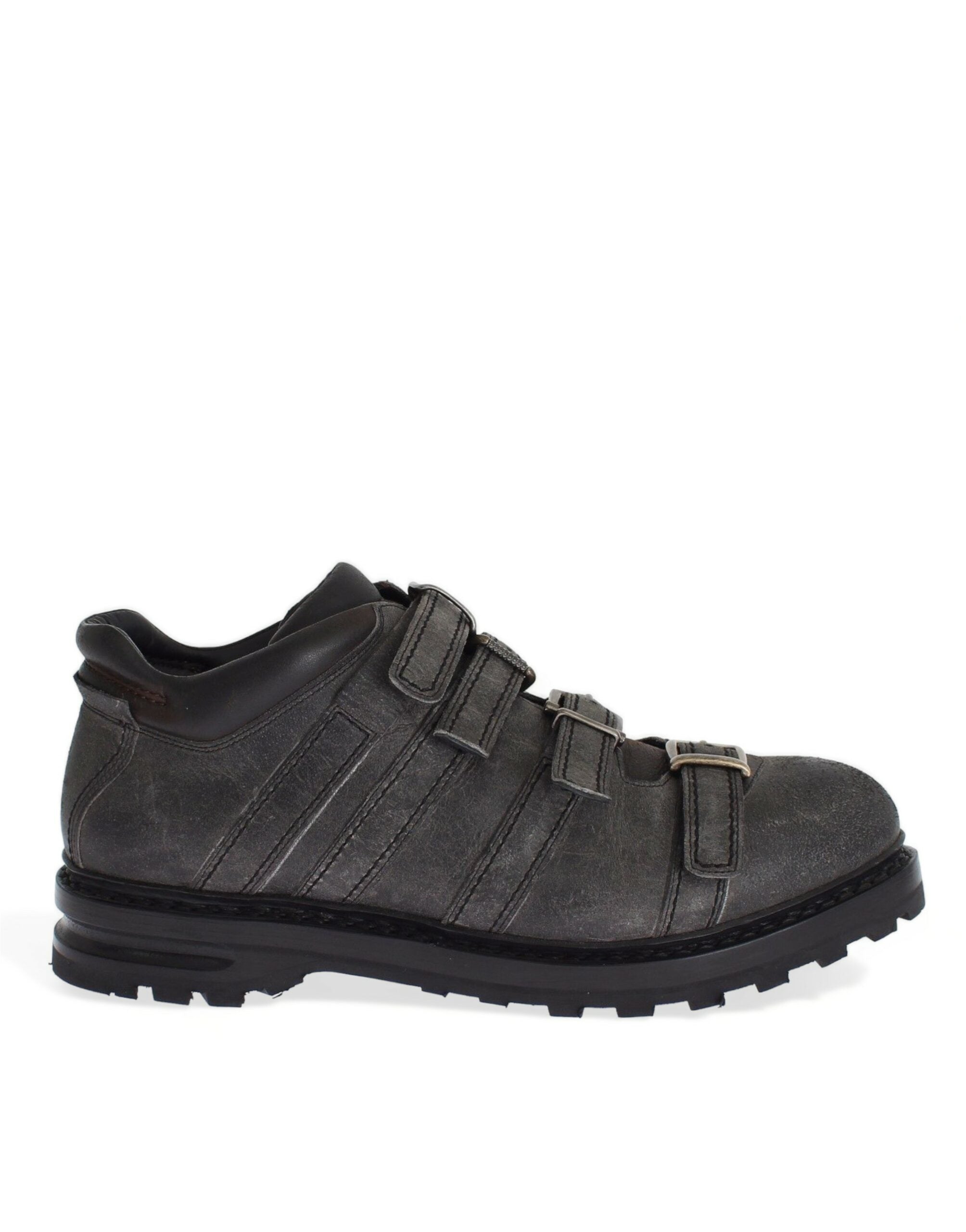 Graue Stiefeletten mit Knöchelriemen aus Leder