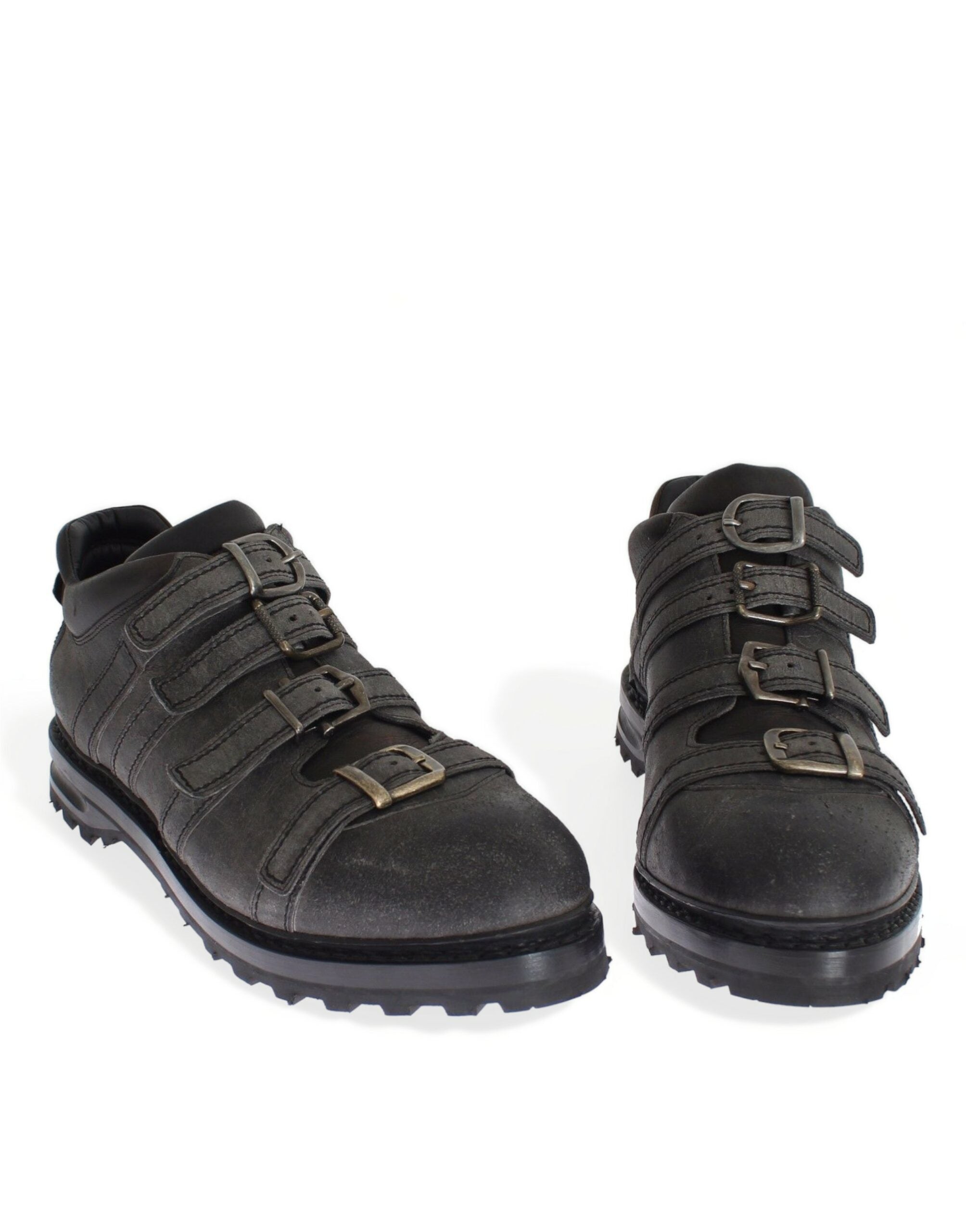 Graue Stiefeletten mit Knöchelriemen aus Leder