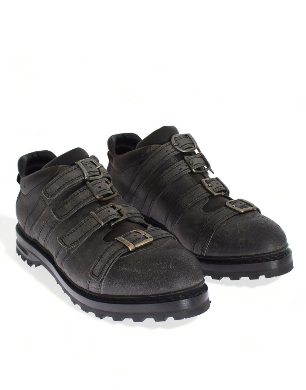 Graue Stiefeletten mit Knöchelriemen aus Leder
