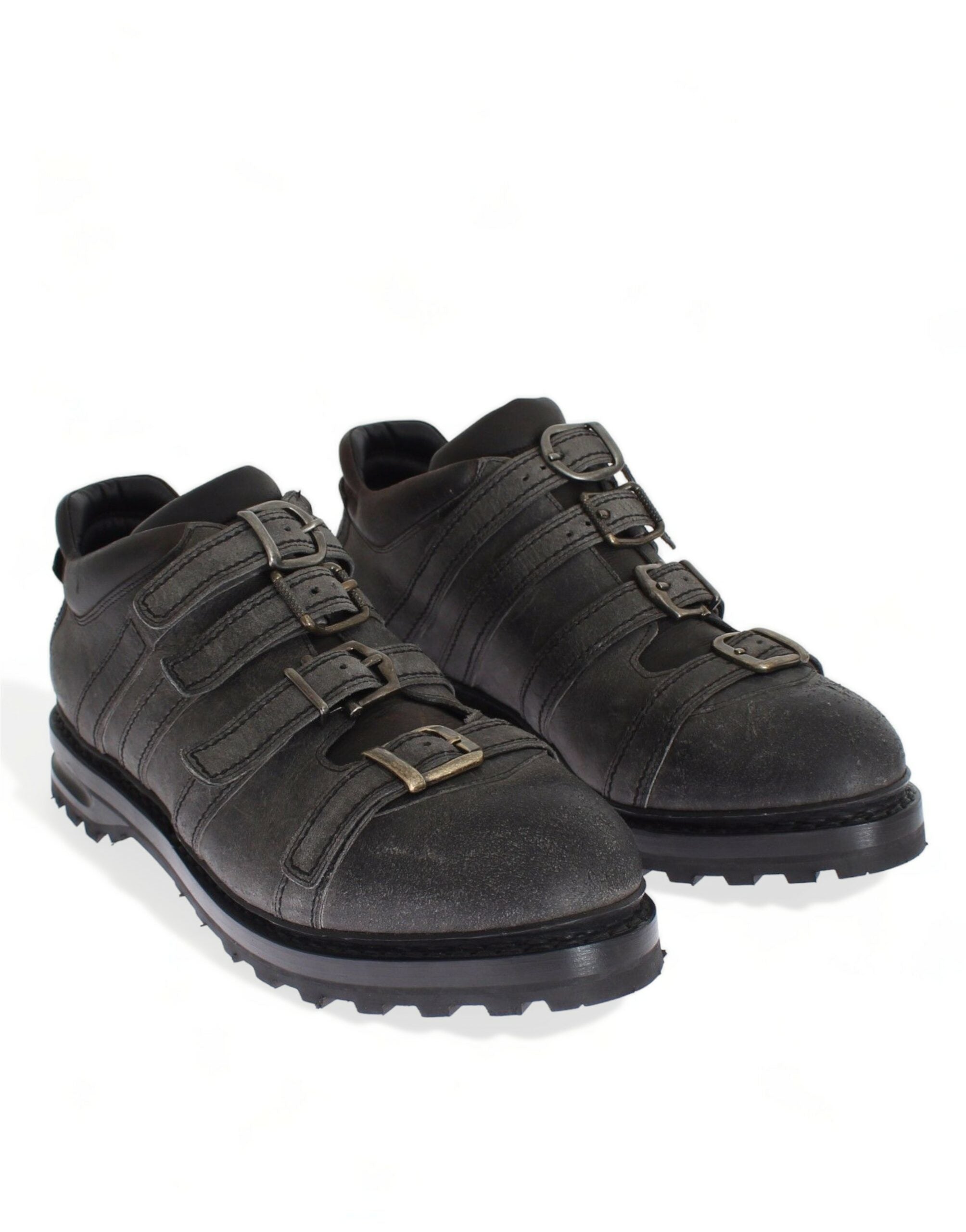 Graue Stiefeletten mit Knöchelriemen aus Leder