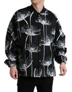 Black Floral Print Wool Button Down Bomber Jacket