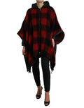 Schwarz-Rot-Büffel-Karomuster-Ponchojacke mit Kapuze