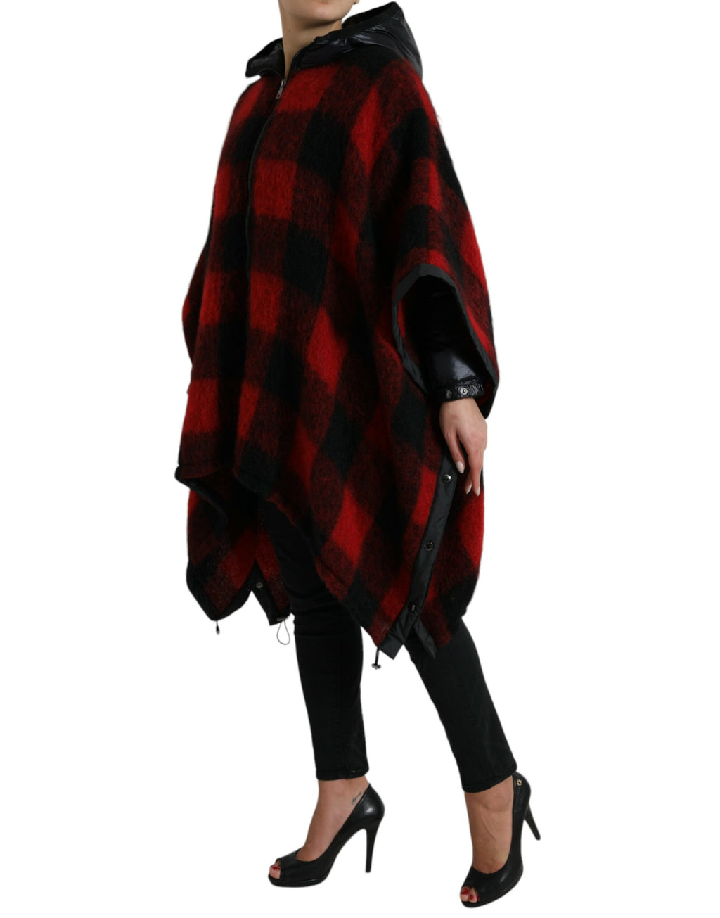 Schwarz-Rot-Büffel-Karomuster-Ponchojacke mit Kapuze