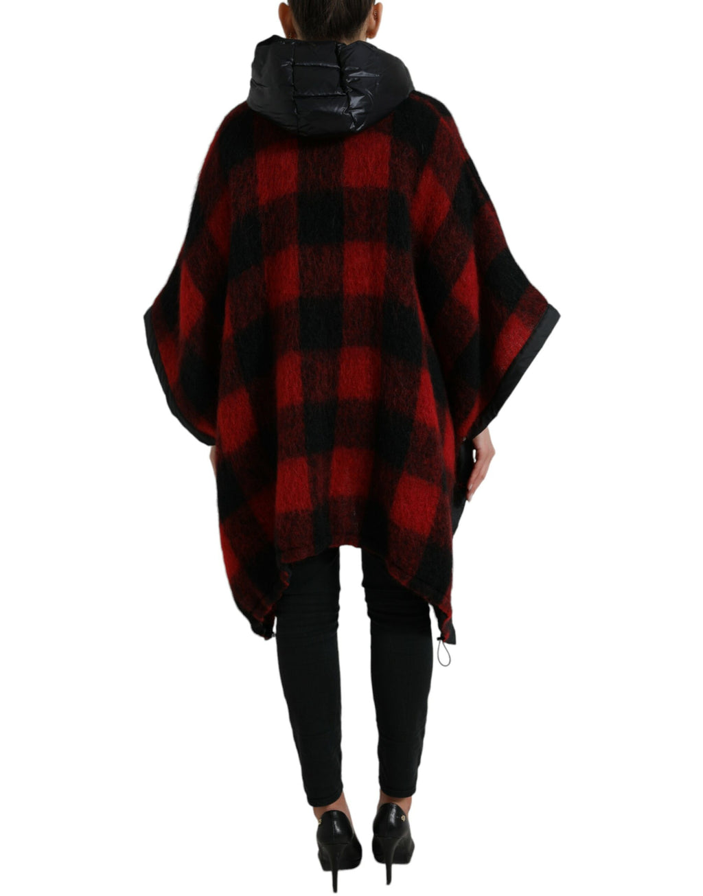 Schwarz-Rot-Büffel-Karomuster-Ponchojacke mit Kapuze