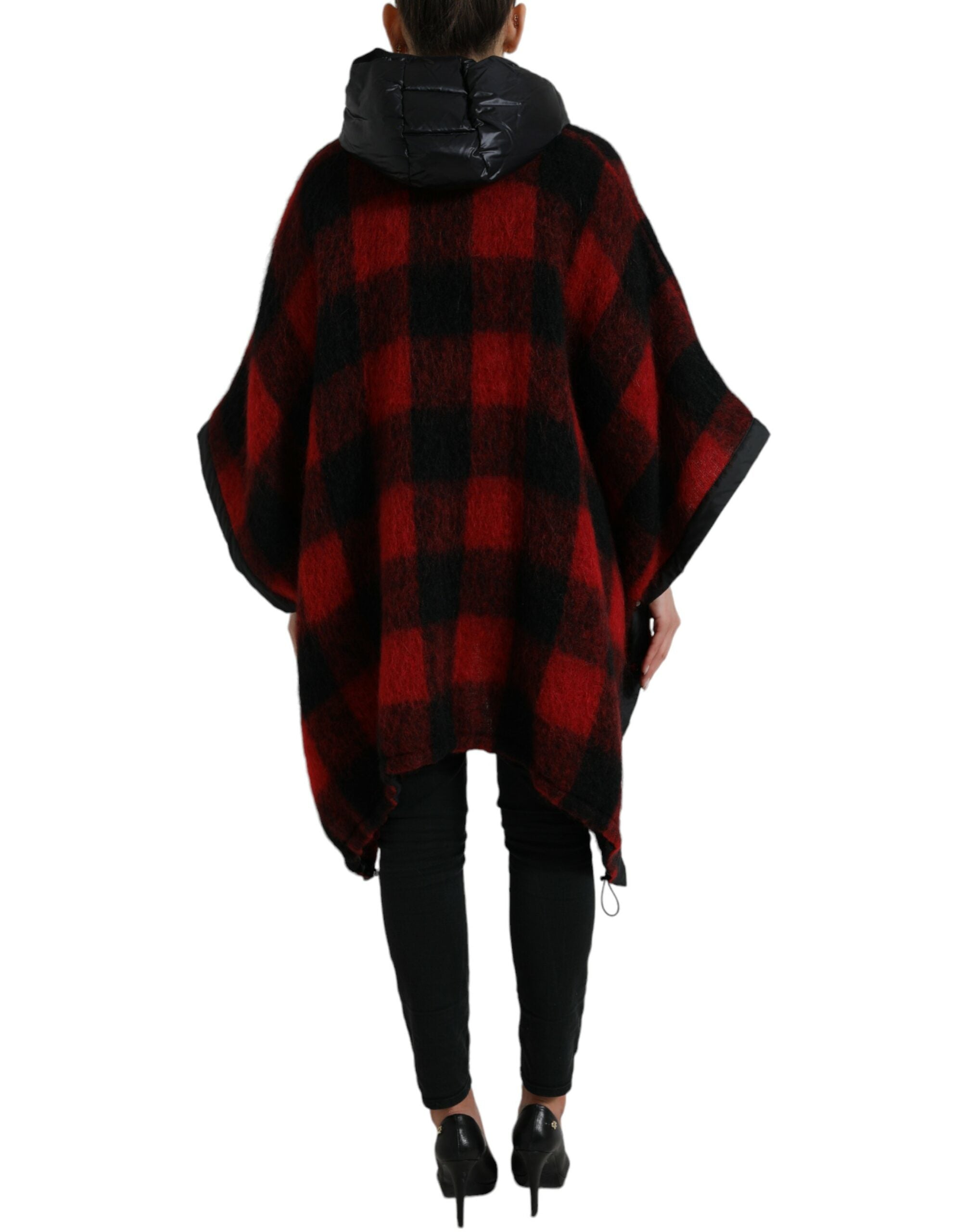 Schwarz-Rot-Büffel-Karomuster-Ponchojacke mit Kapuze