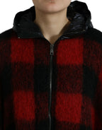 Schwarz-Rot-Büffel-Karomuster-Ponchojacke mit Kapuze