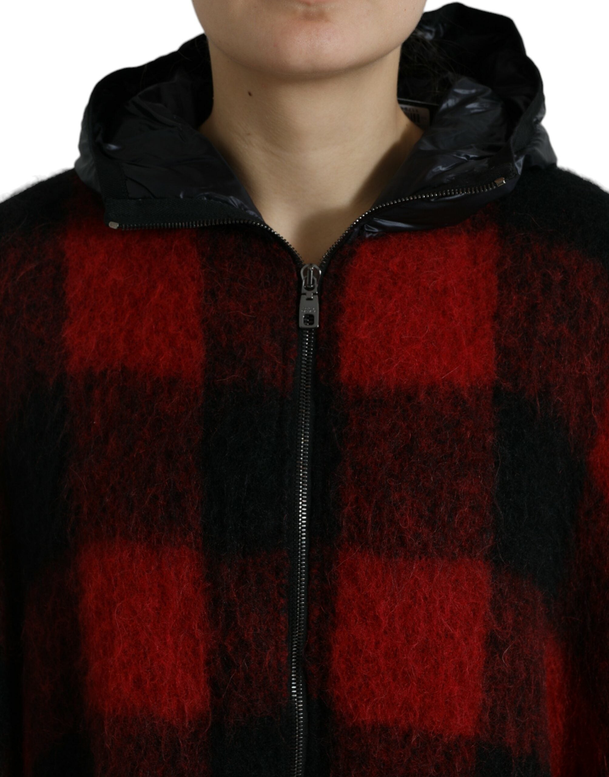 Schwarz-Rot-Büffel-Karomuster-Ponchojacke mit Kapuze