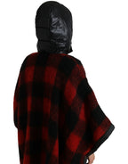 Schwarz-Rot-Büffel-Karomuster-Ponchojacke mit Kapuze