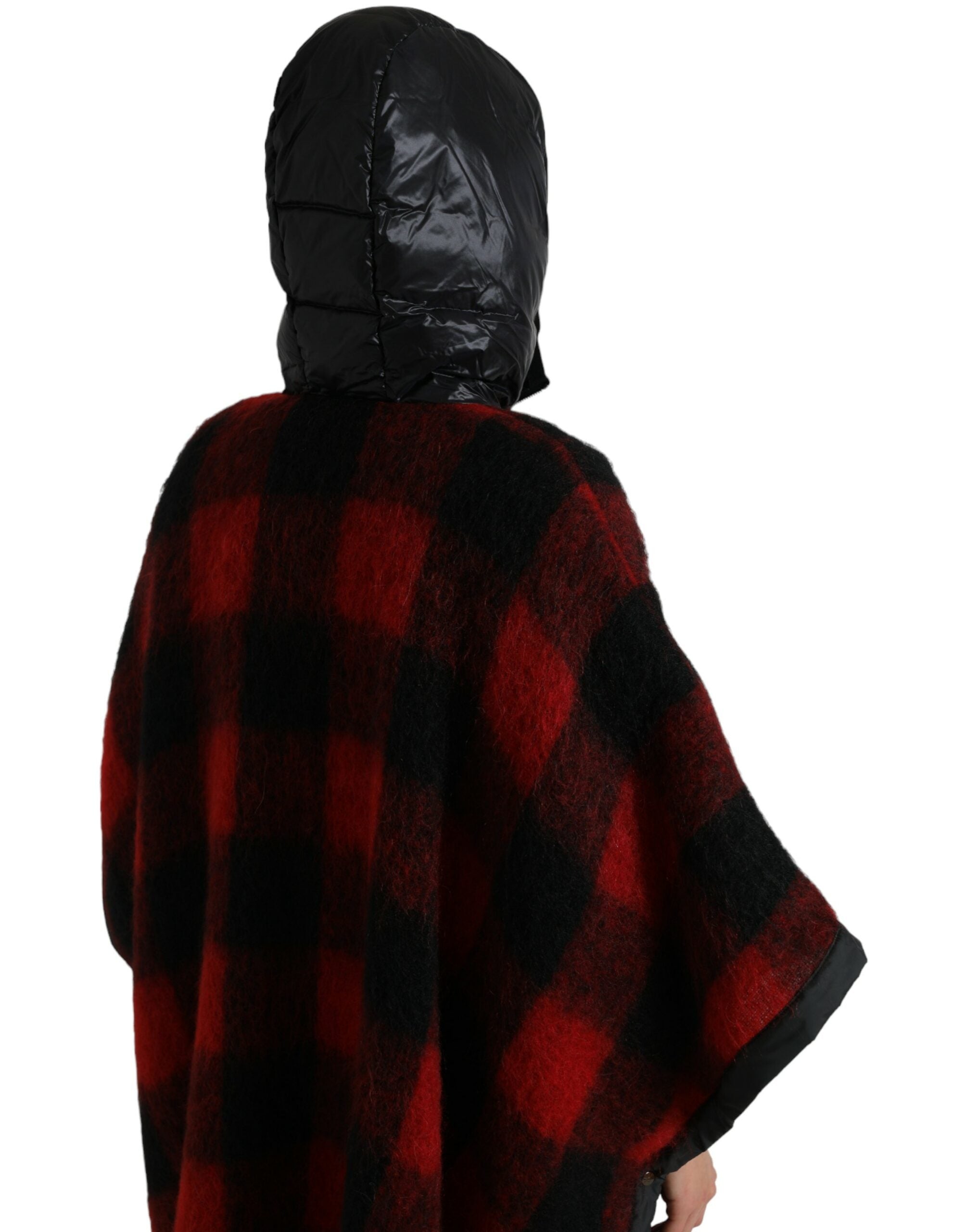 Schwarz-Rot-Büffel-Karomuster-Ponchojacke mit Kapuze