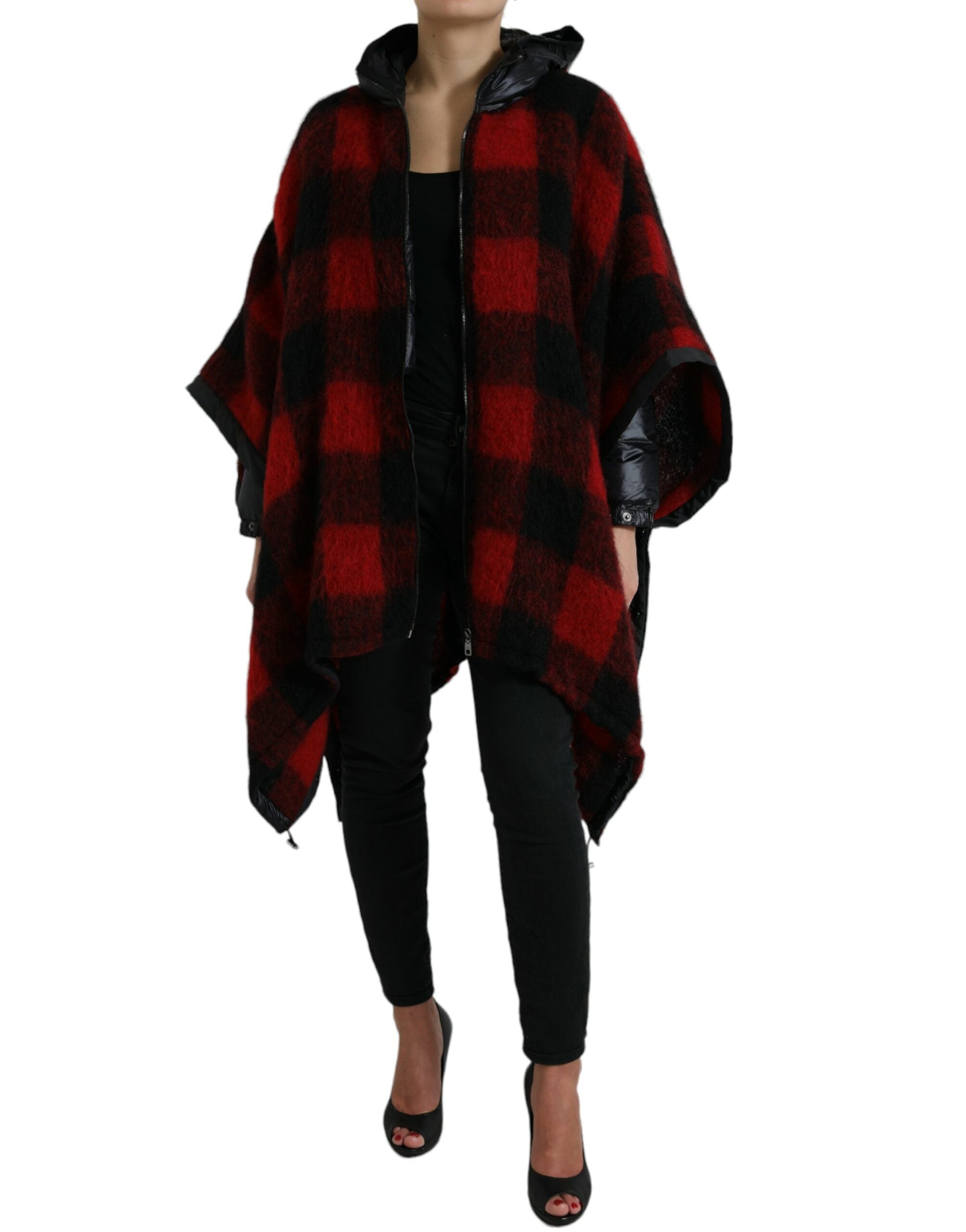 Schwarz-Rot-Büffel-Karomuster-Ponchojacke mit Kapuze