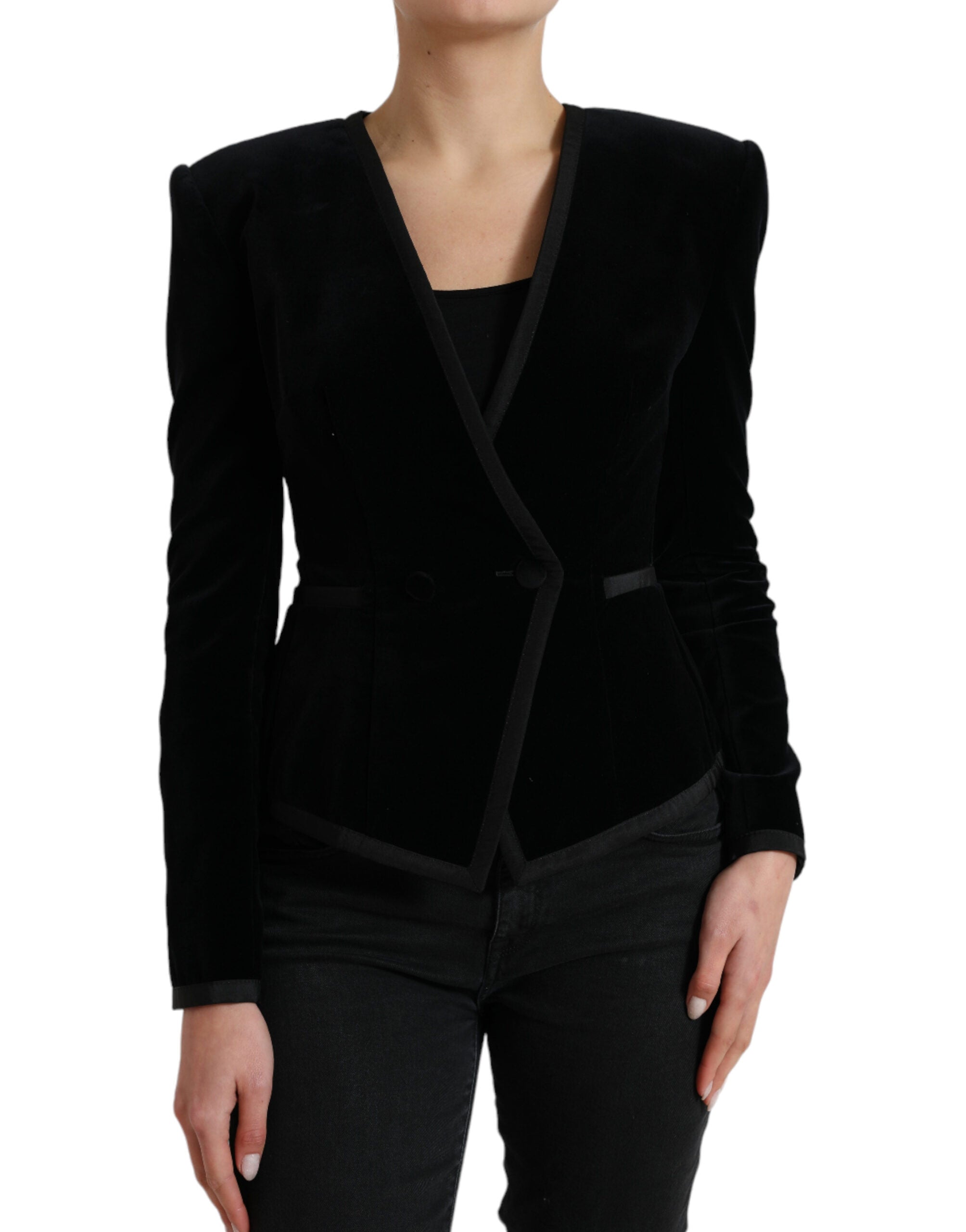 Schwarze zweireihige Jacke aus Samtbaumwolle