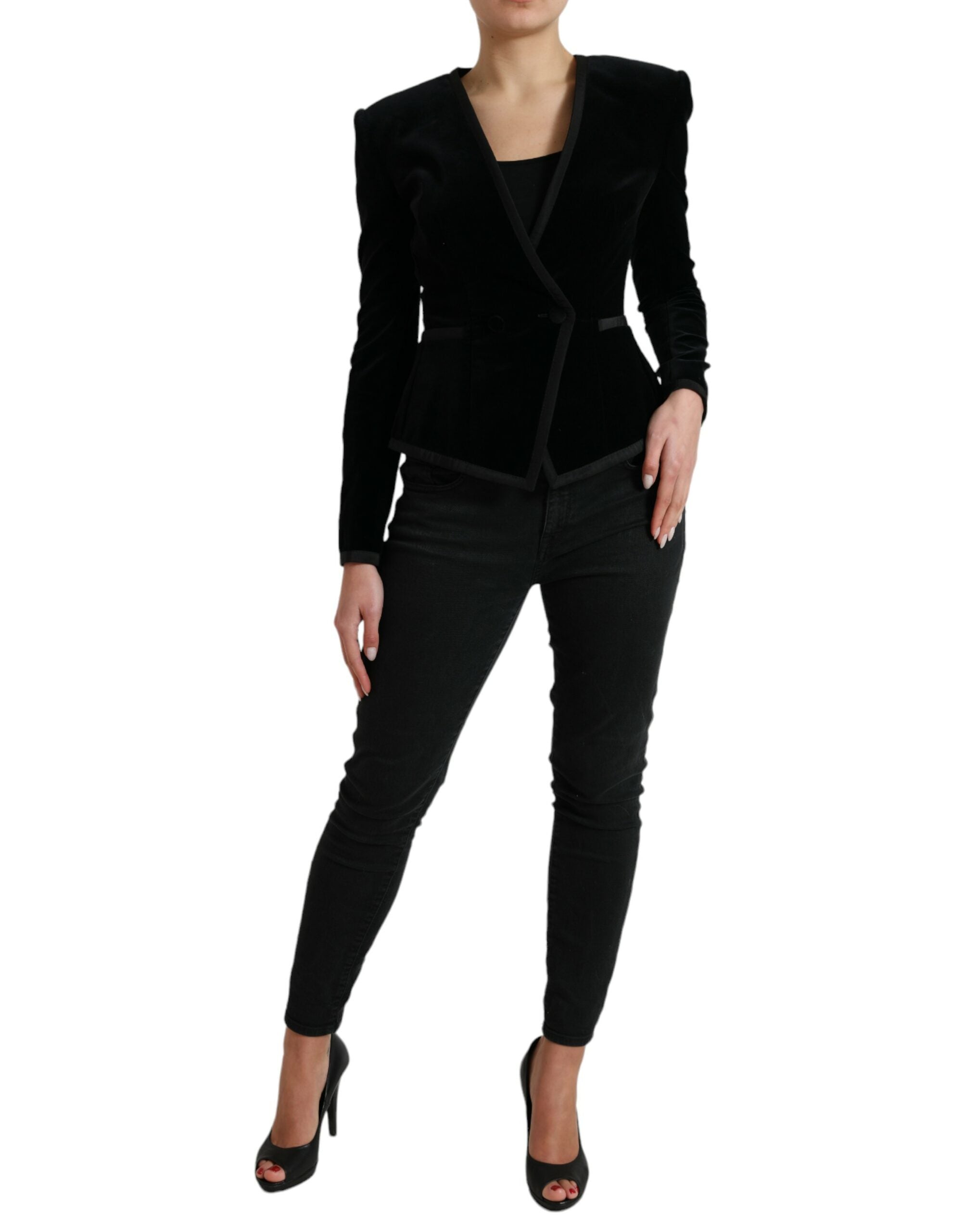 Schwarze zweireihige Jacke aus Samtbaumwolle