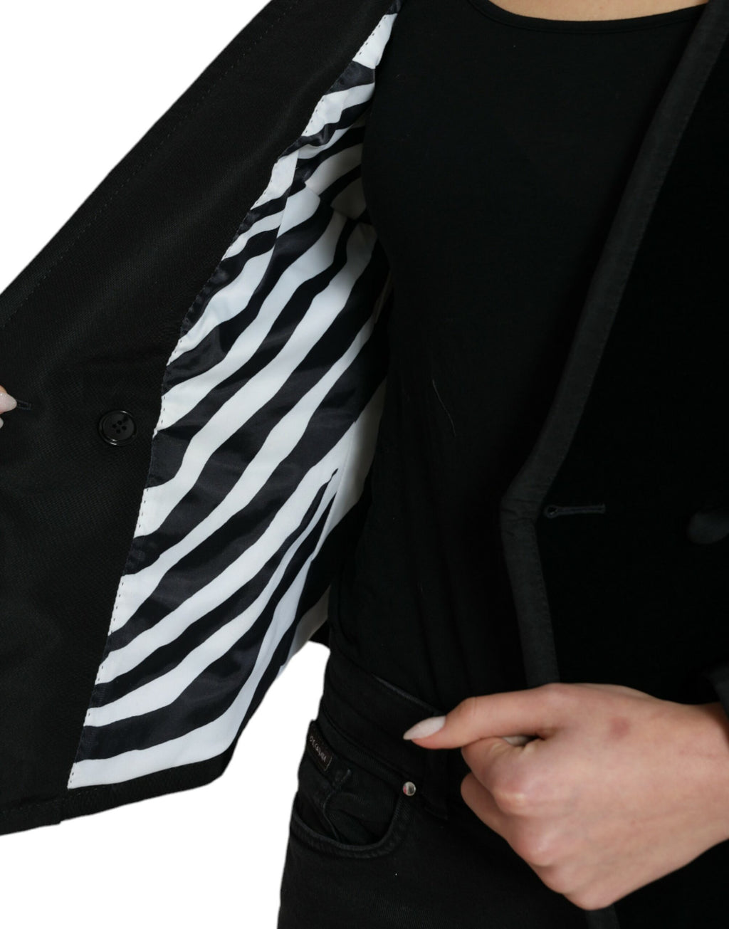 Schwarze zweireihige Jacke aus Samtbaumwolle