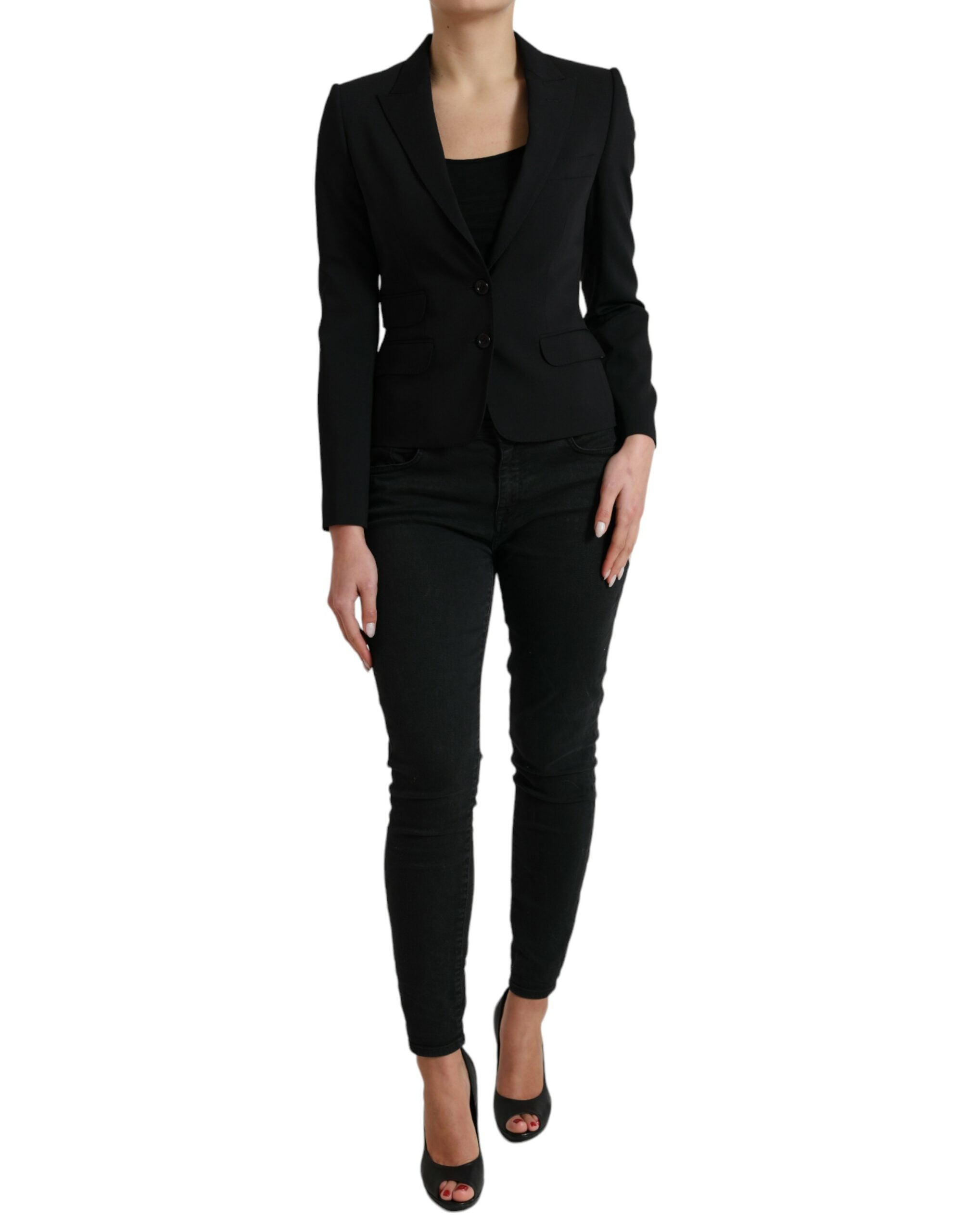 Schwarzer Einreiher Blazer Mantel aus Wolle