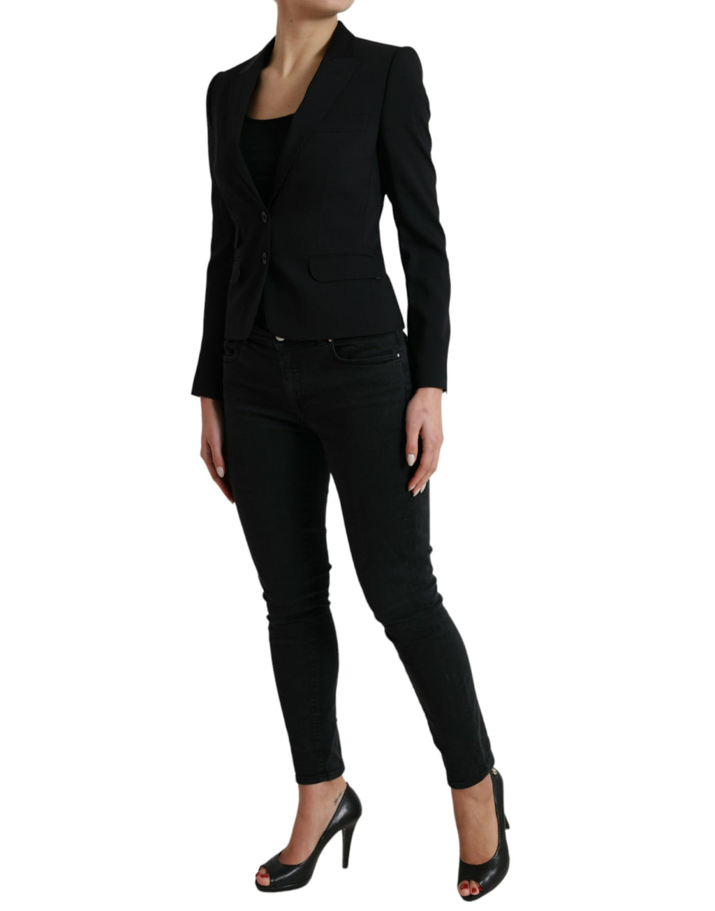 Schwarzer Einreiher Blazer Mantel aus Wolle