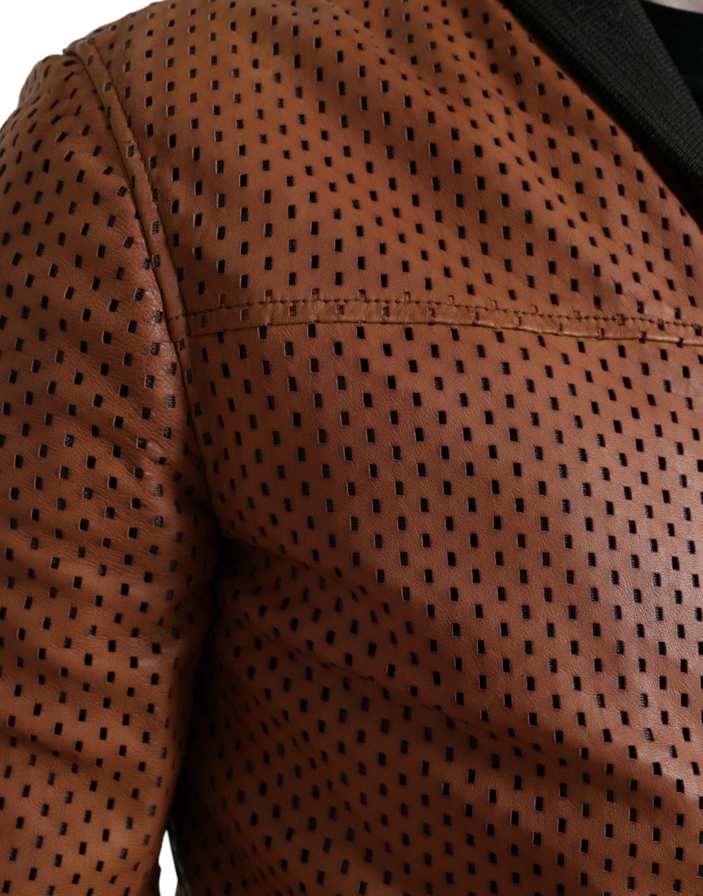 Perforierte Jacke aus braunem Lammleder