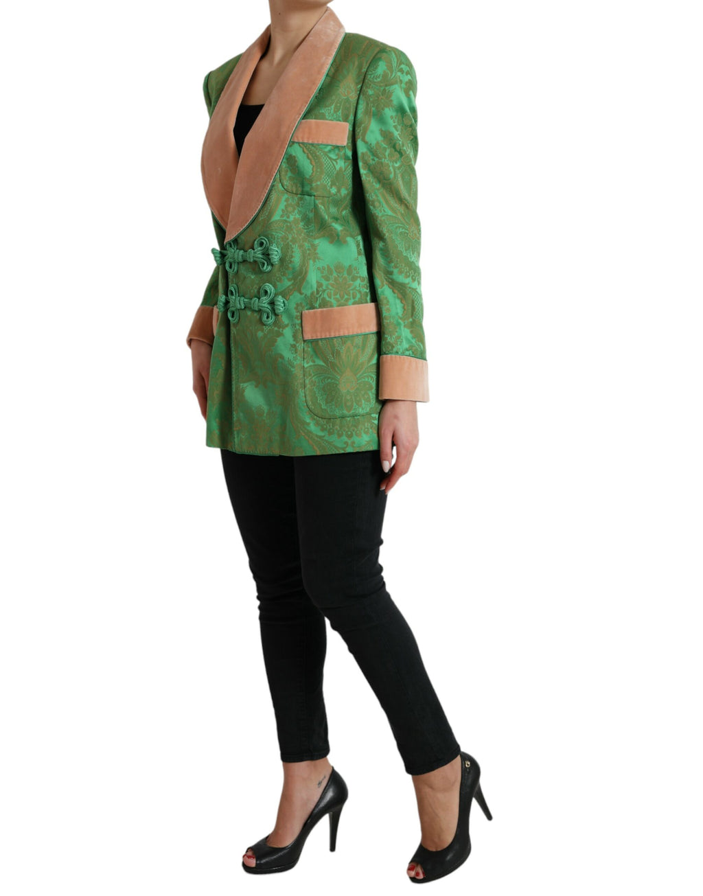 Grüne zweireihige Jacke im Blumenmuster