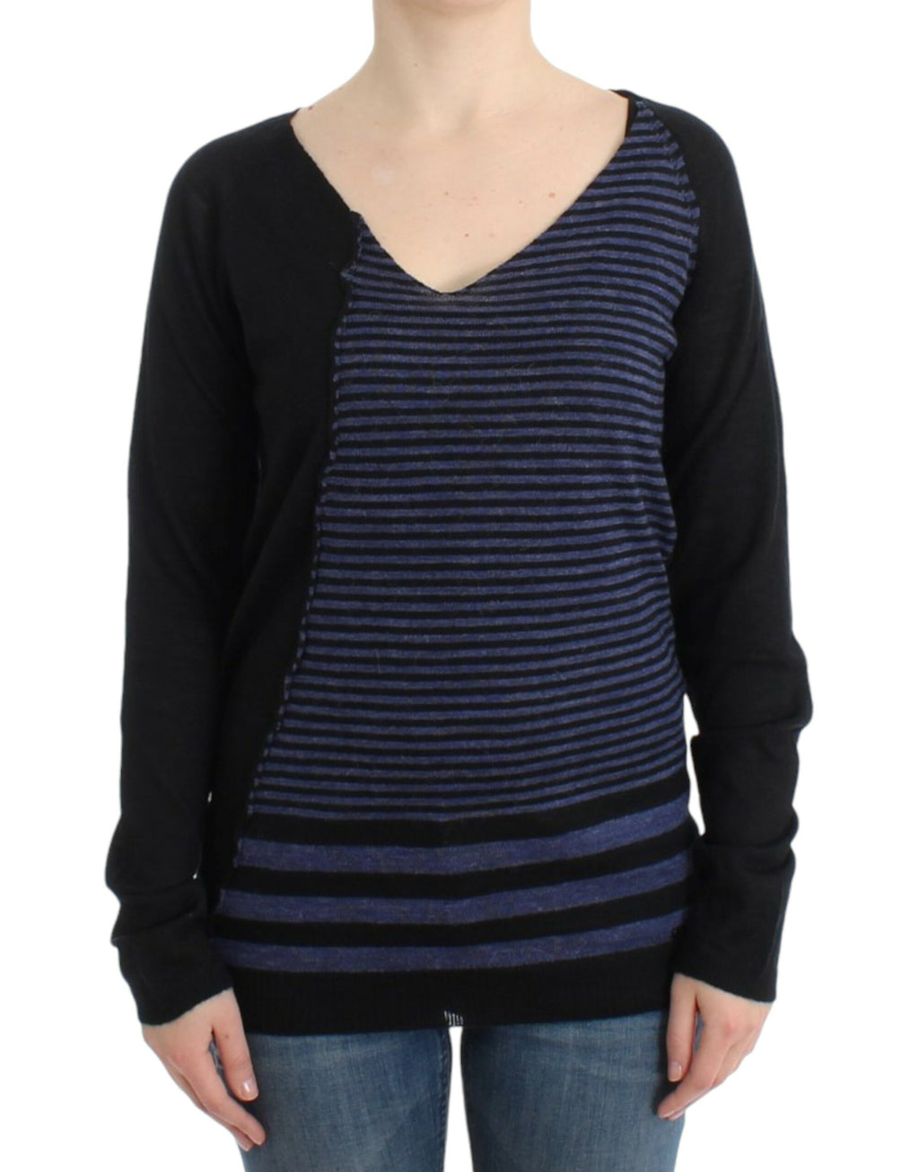 Schwarz gestreifter V-Pullover