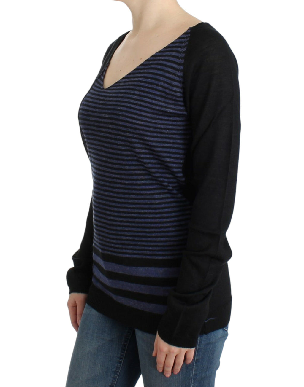 Schwarz gestreifter V-Pullover