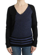 Schwarzer V-Ausschnitt-Pullover mit Streifen