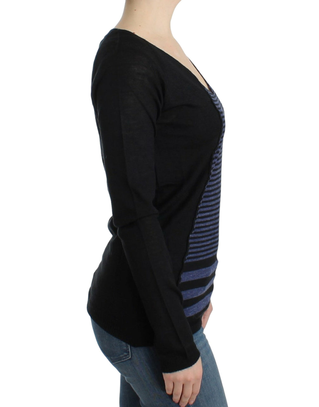 Schwarzer V-Ausschnitt-Pullover mit Streifen