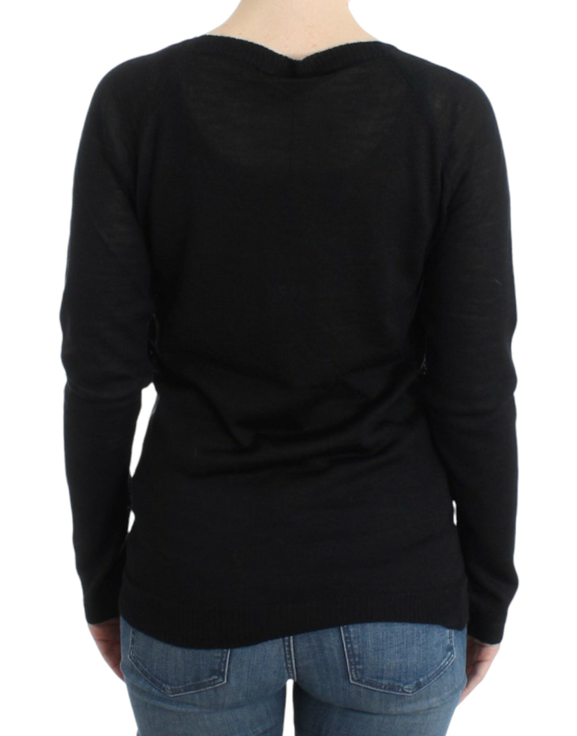Schwarzer V-Ausschnitt-Pullover mit Streifen